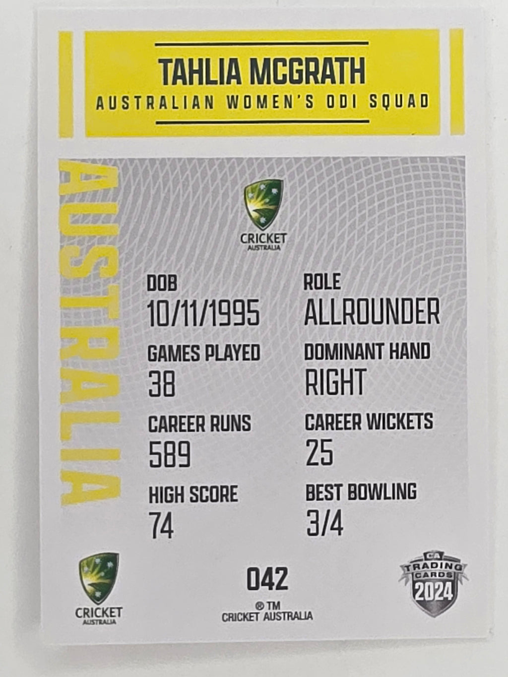 2024–25 Cricket Traders Base Card #042 Tahlia McGrath Australian Women's ODI WBBL