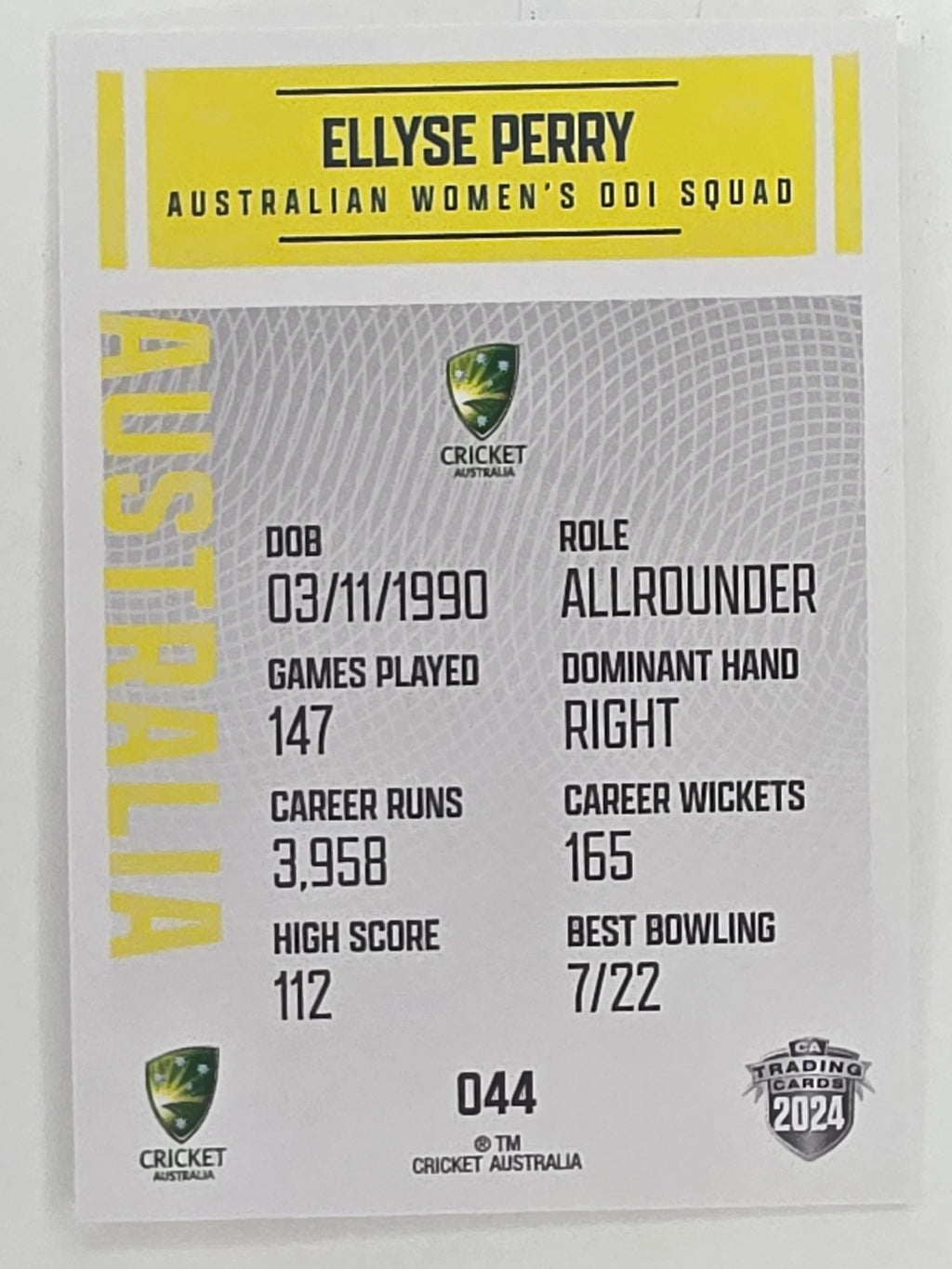 2024–25 Cricket Traders Base Card #044 Ellyse Perry Australian Women's ODI WBBL