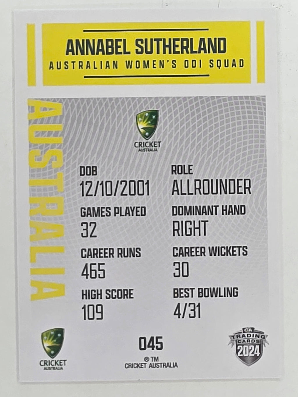 2024–25 Cricket Traders Base Card #045 Annabel Sutherland Australian Women's ODI WBBL