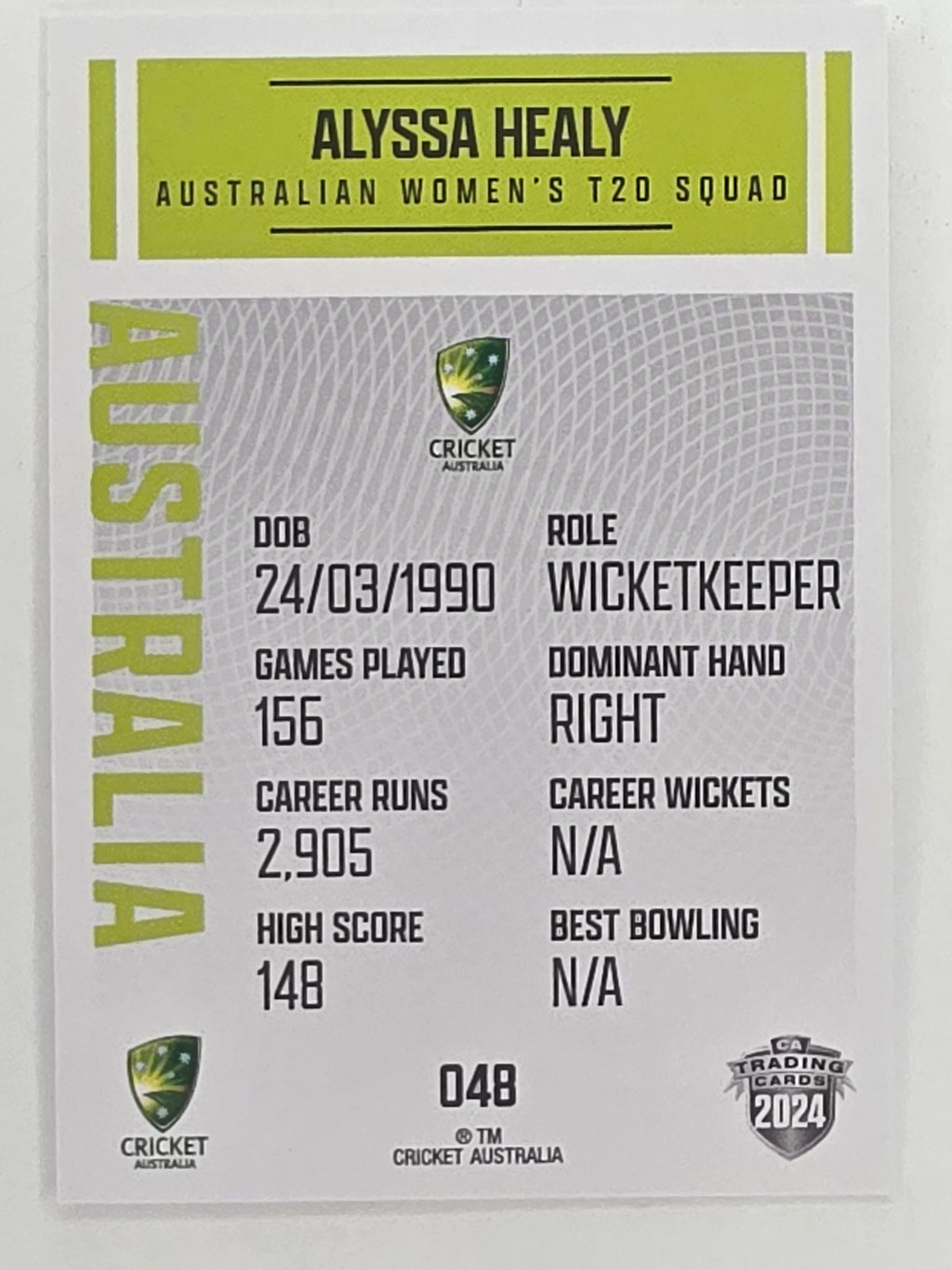 2024–25 Cricket Traders Base Card #048 Alyssa Healy Australian Women's T20 WBBL