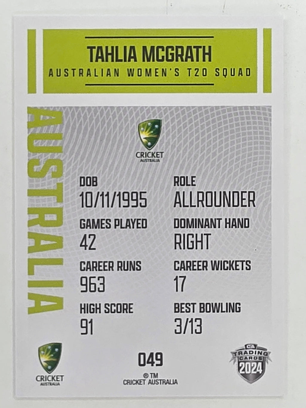 2024–25 Cricket Traders Base Card #049 Tahlia McGrath Australian Women's T20 WBBL