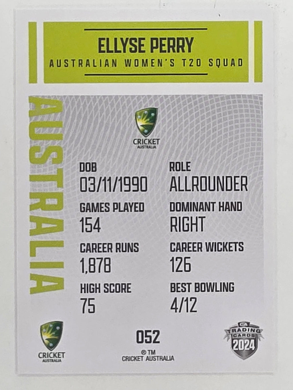 2024–25 Cricket Traders Base Card #052 Ellyse Perry Australian Women's T20 WBBL