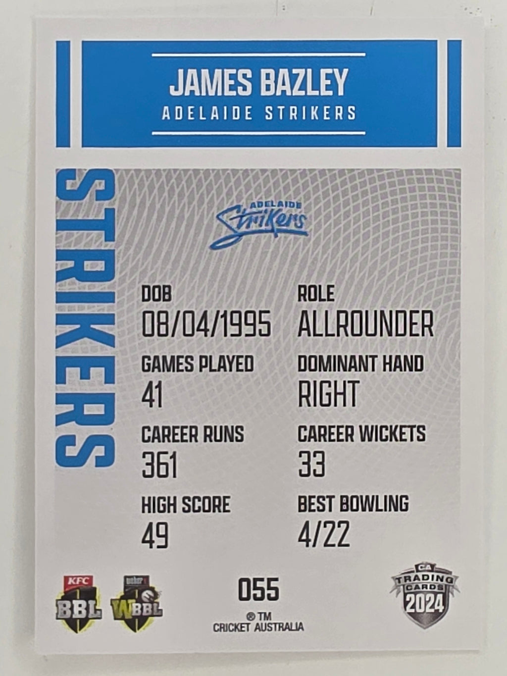 2024–25 Cricket Traders Base Card #055 James Bazley Adelaide Strikers