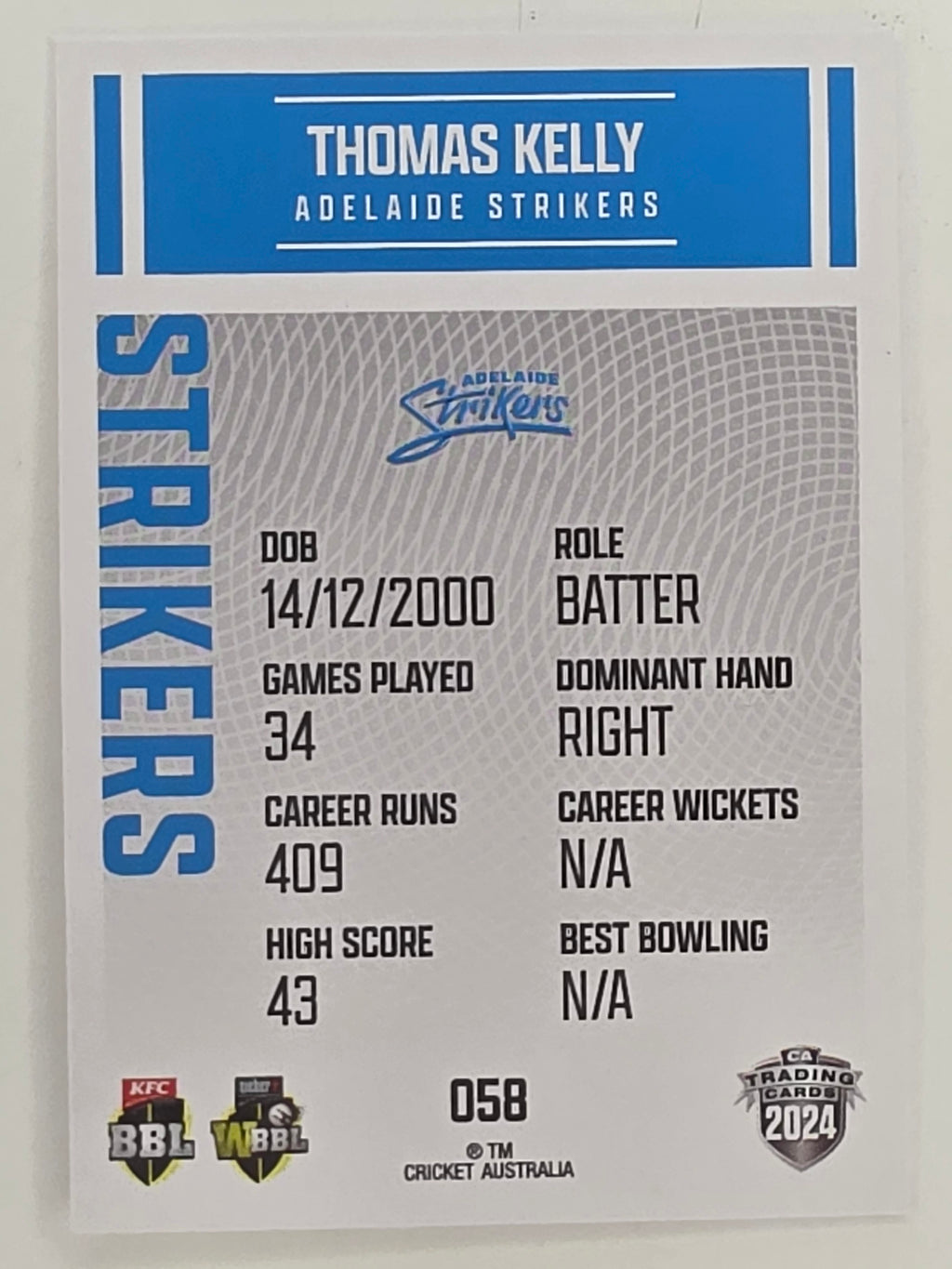 2024–25 Cricket Traders Base Card #058 Thomas Kelly Adelaide Strikers