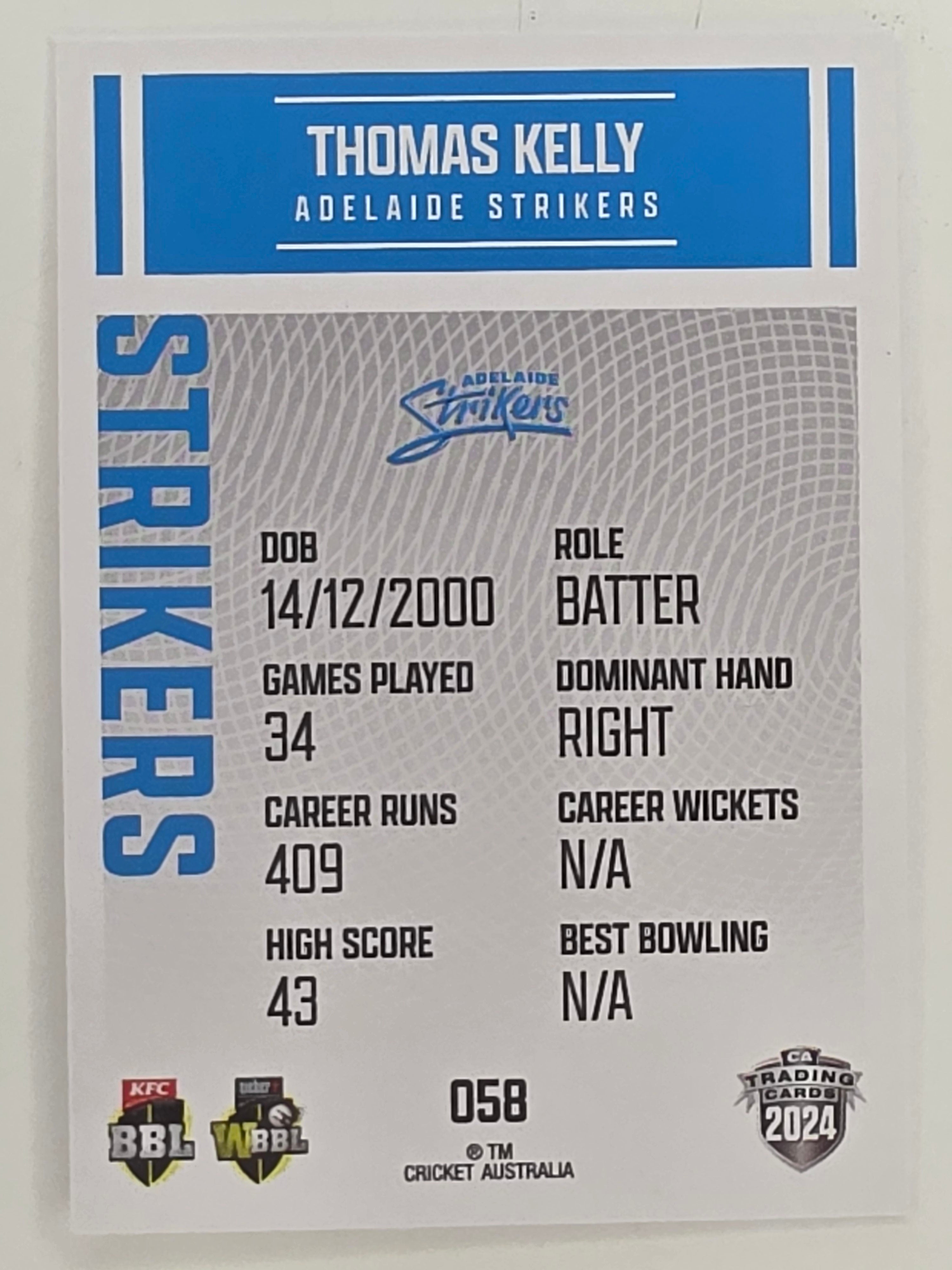 2024–25 Cricket Traders Base Card #058 Thomas Kelly Adelaide Strikers