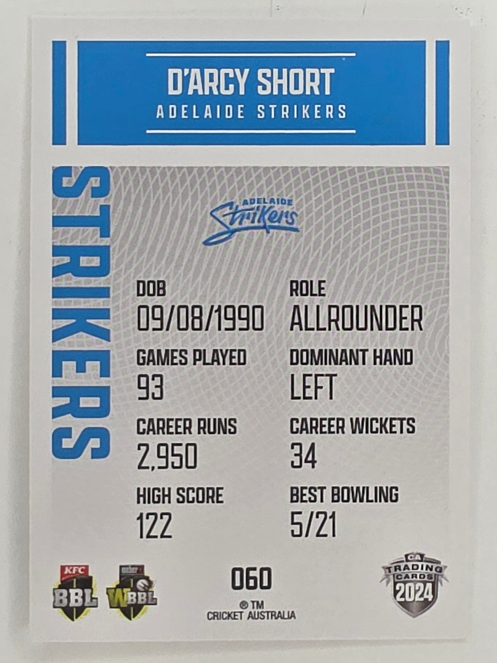 2024–25 Cricket Traders Base Card #060 D’Arcy Short Adelaide Strikers