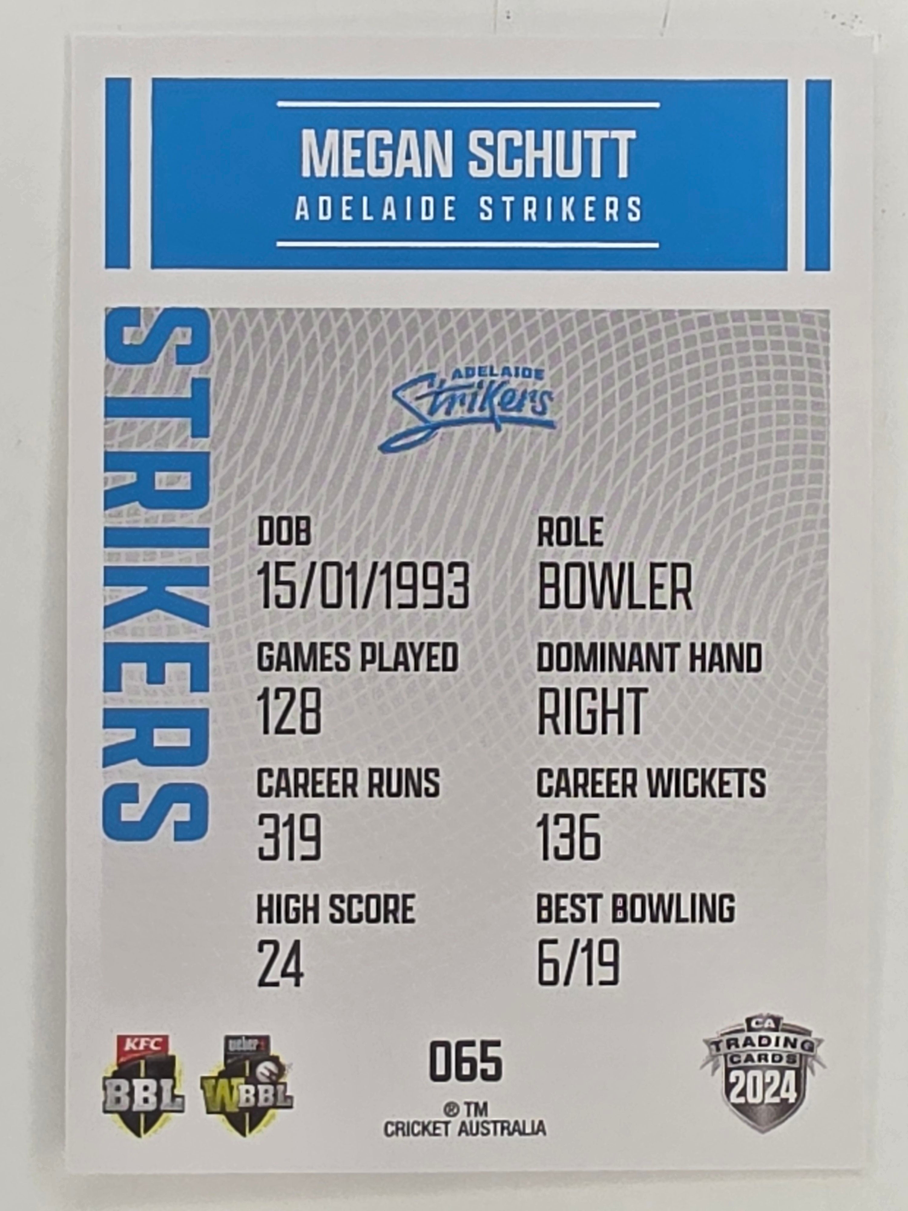2024–25 Cricket Traders Base Card #065 Megan Schutt Adelaide Strikers WBBL