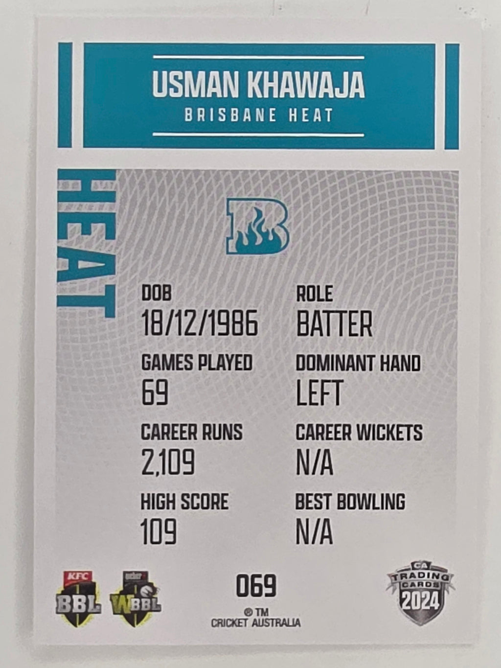 2024–25 Cricket Traders Base Card #069 Usman Khawaja Brisbane Heat