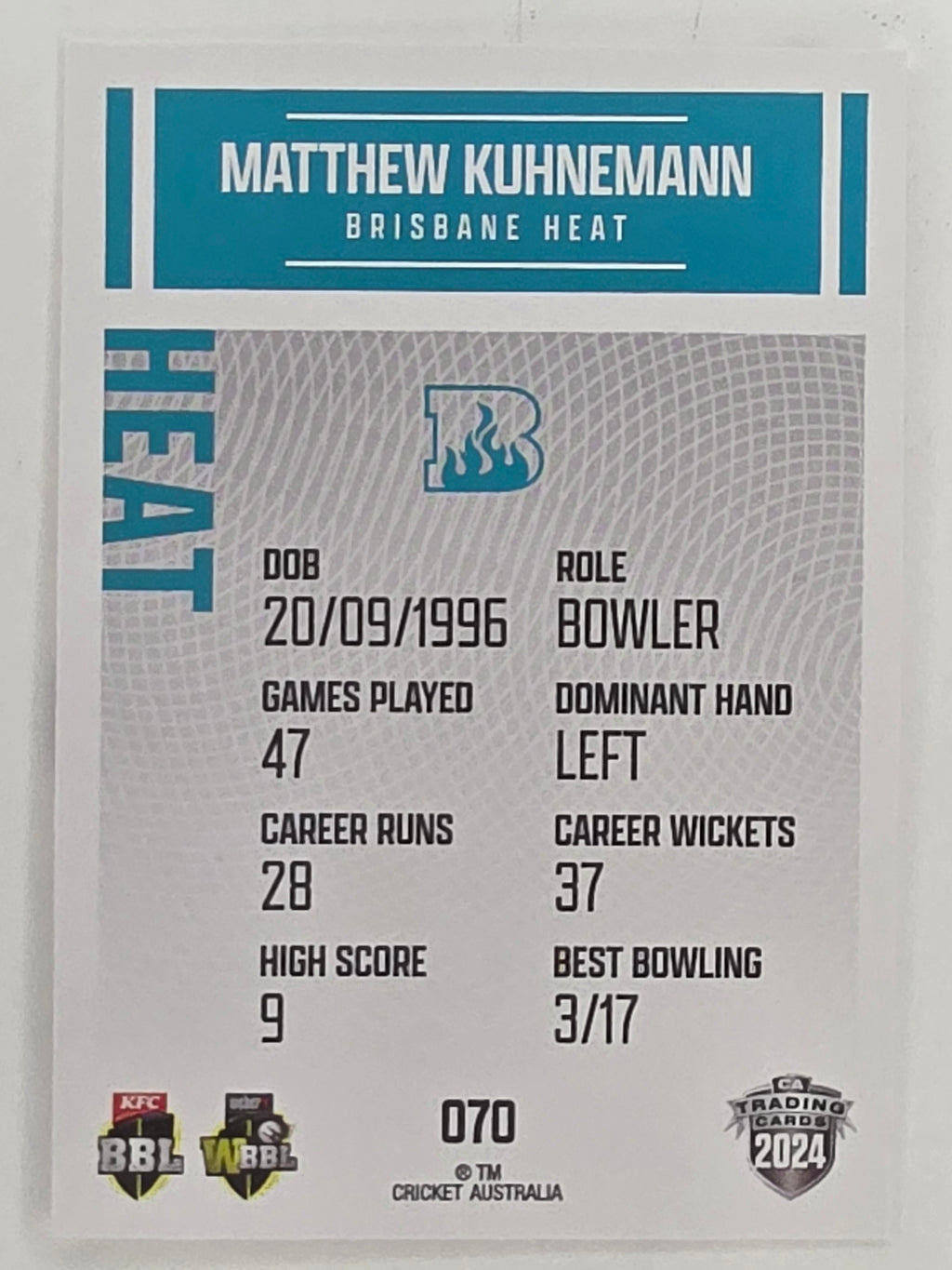 2024–25 Cricket Traders Base Card #070 Matthew Kuhnemann Brisbane Heat