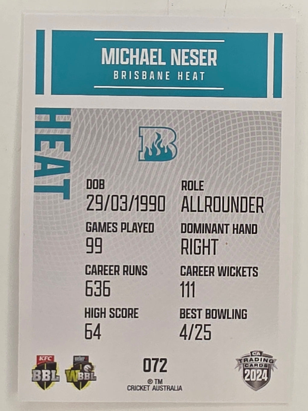 2024–25 Cricket Traders Base Card #072 Michael Neser Brisbane Heat