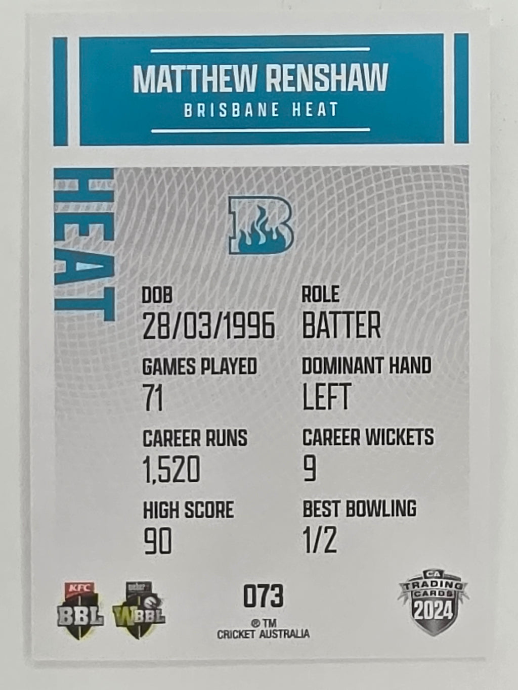 2024–25 Cricket Traders Base Card #073 Matthew Renshaw Brisbane Heat