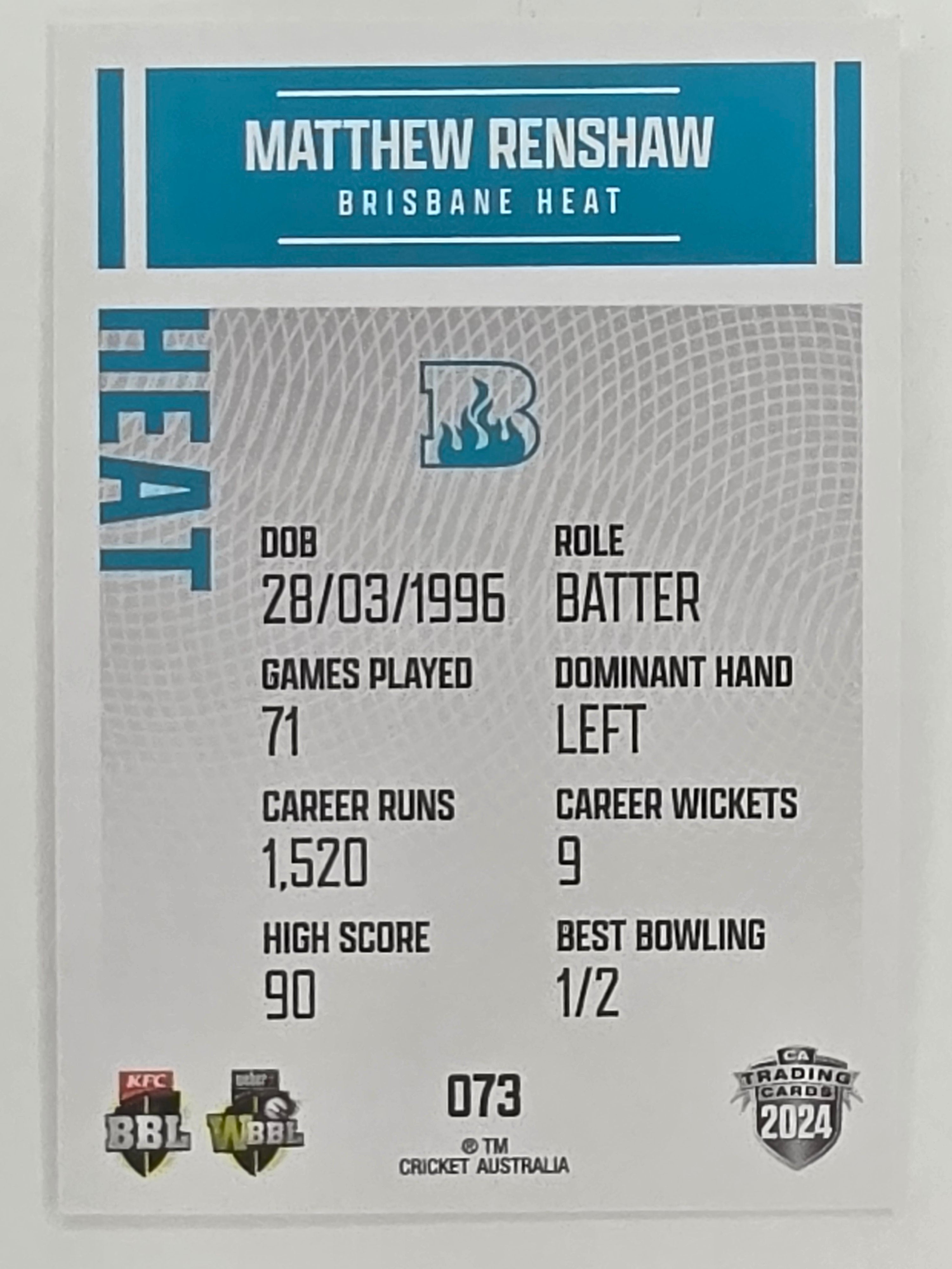 2024–25 Cricket Traders Base Card #073 Matthew Renshaw Brisbane Heat