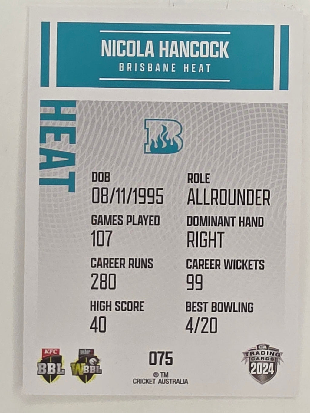 2024–25 Cricket Traders Base Card #075 Nicola Hancock Brisbane Heat WBBL