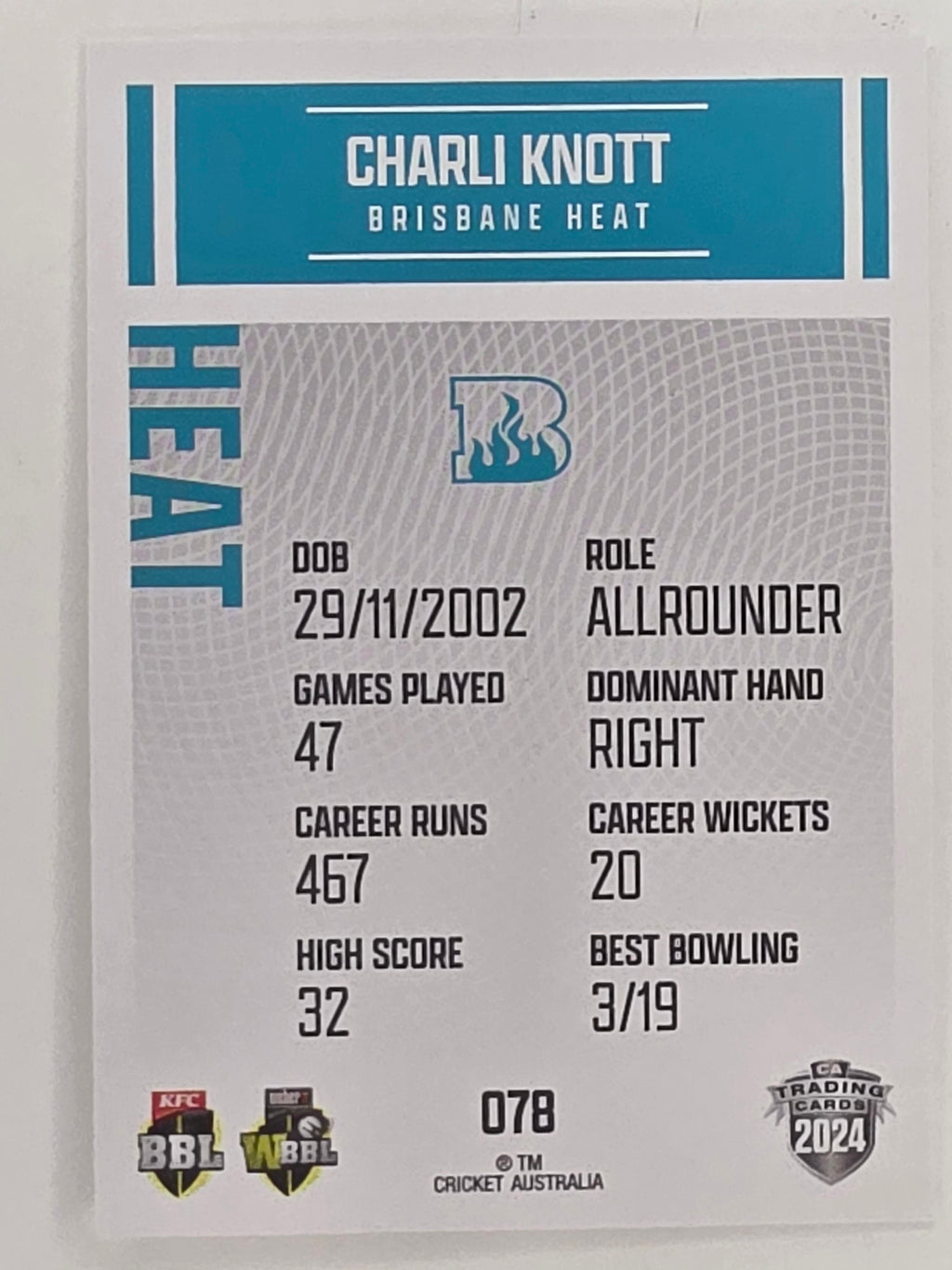 2024–25 Cricket Traders Base Card #078 Charli Knott Brisbane Heat WBBL