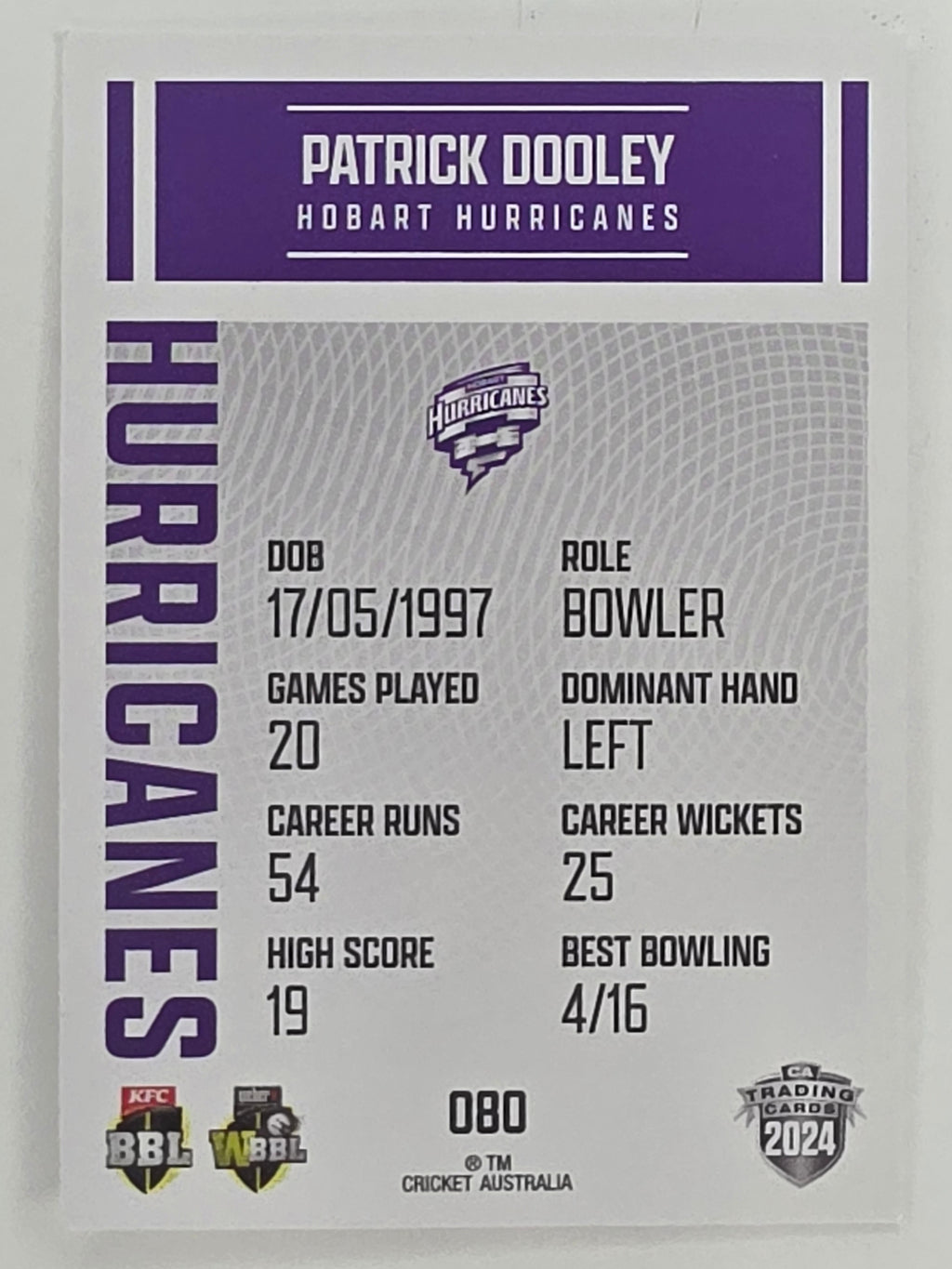 2024–25 Cricket Traders Base Card #080 Patrick Dooley Hobart Hurricanes