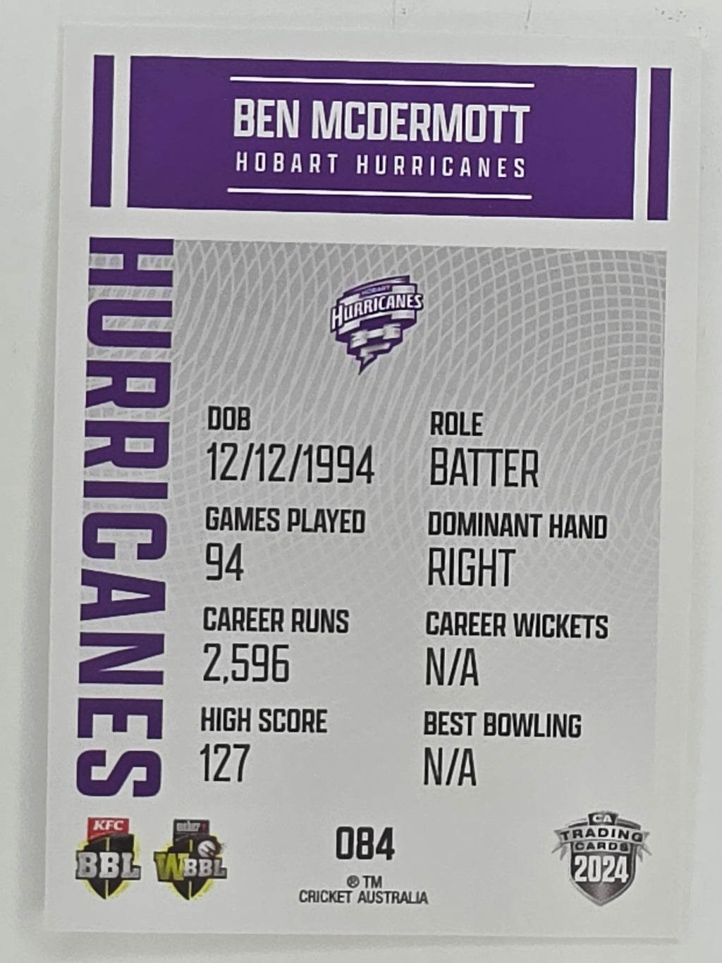 2024–25 Cricket Traders Base Card #084 Ben McDermott Hobart Hurricanes