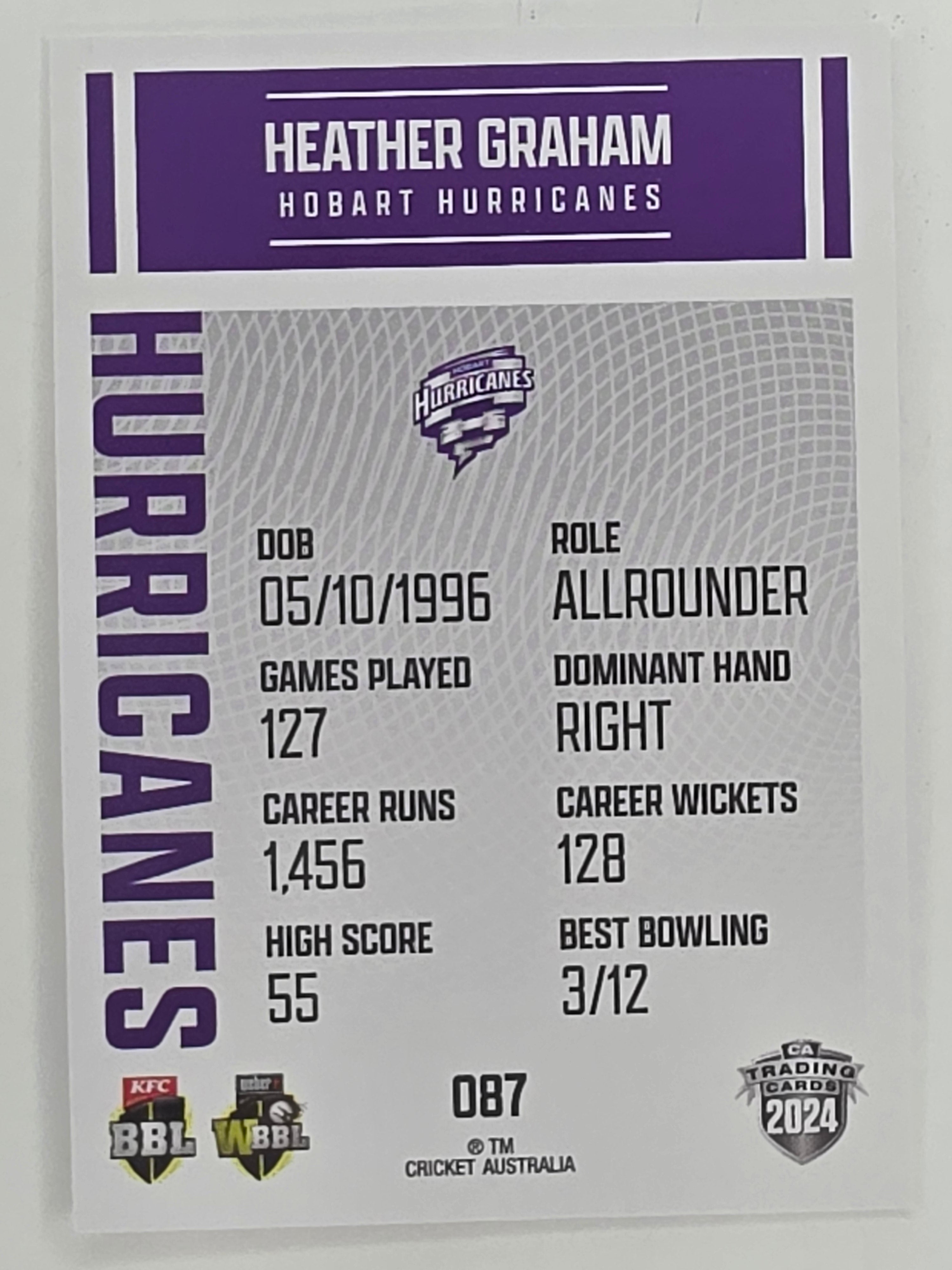 2024–25 Cricket Traders Base Card #087 Heather Graham Hobart Hurricanes WBBL