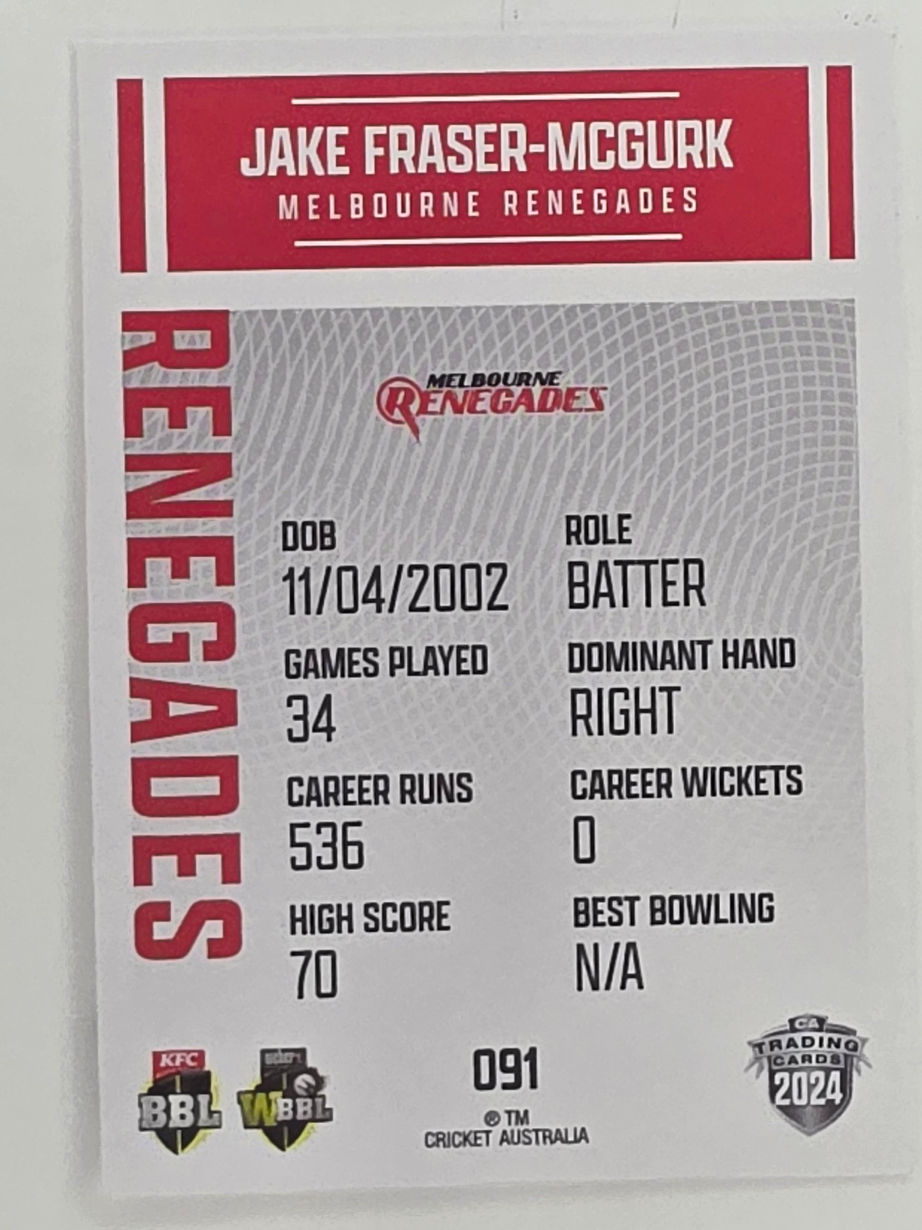 2024–25 Cricket Traders Base Card #091 Jake Fraser-McGurk Melbourne Renegades