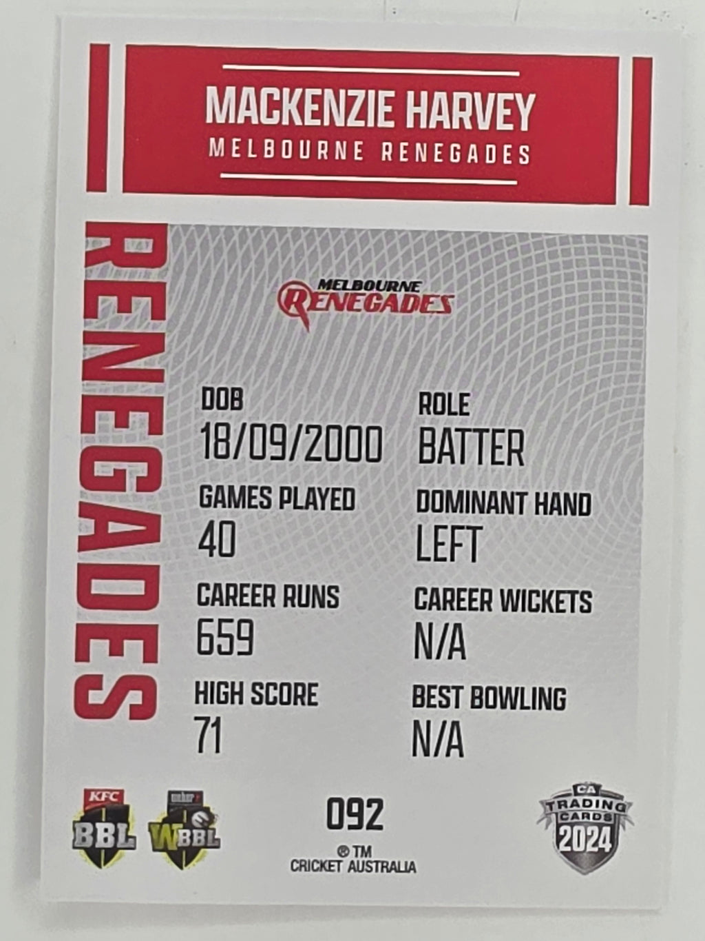 2024–25 Cricket Traders Base Card #092 Mackenzie Harvey Melbourne Renegades