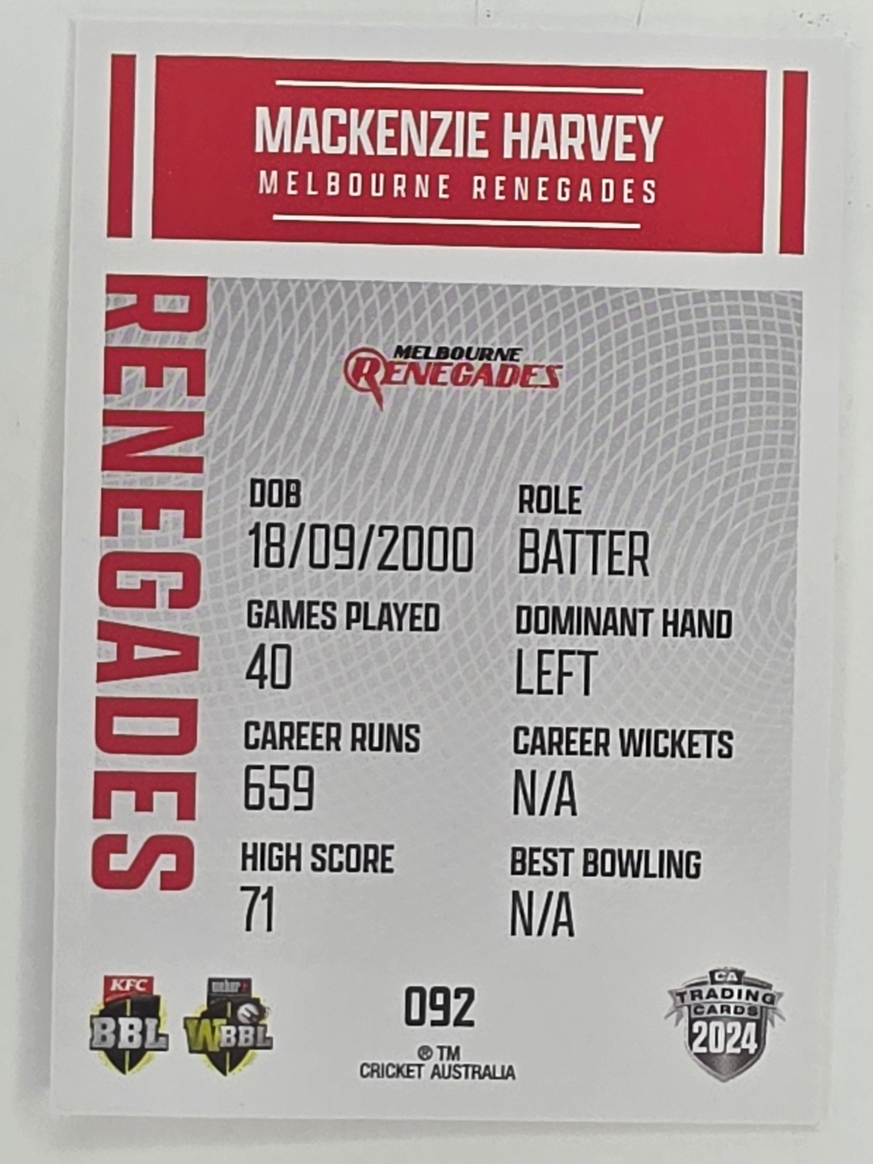 2024–25 Cricket Traders Base Card #092 Mackenzie Harvey Melbourne Renegades