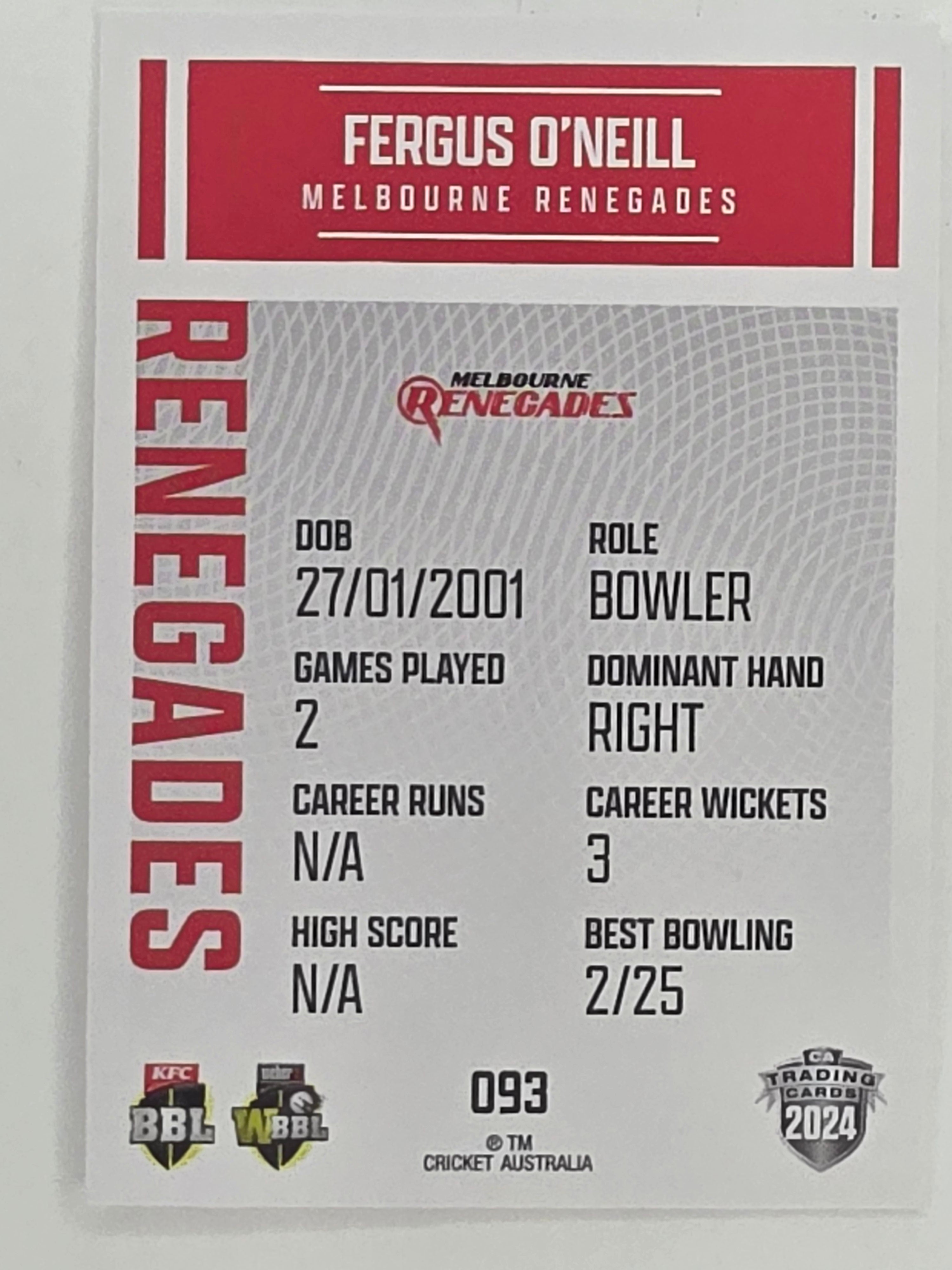 2024–25 Cricket Traders Base Card #093 Fergus O’Neill Melbourne Renegades