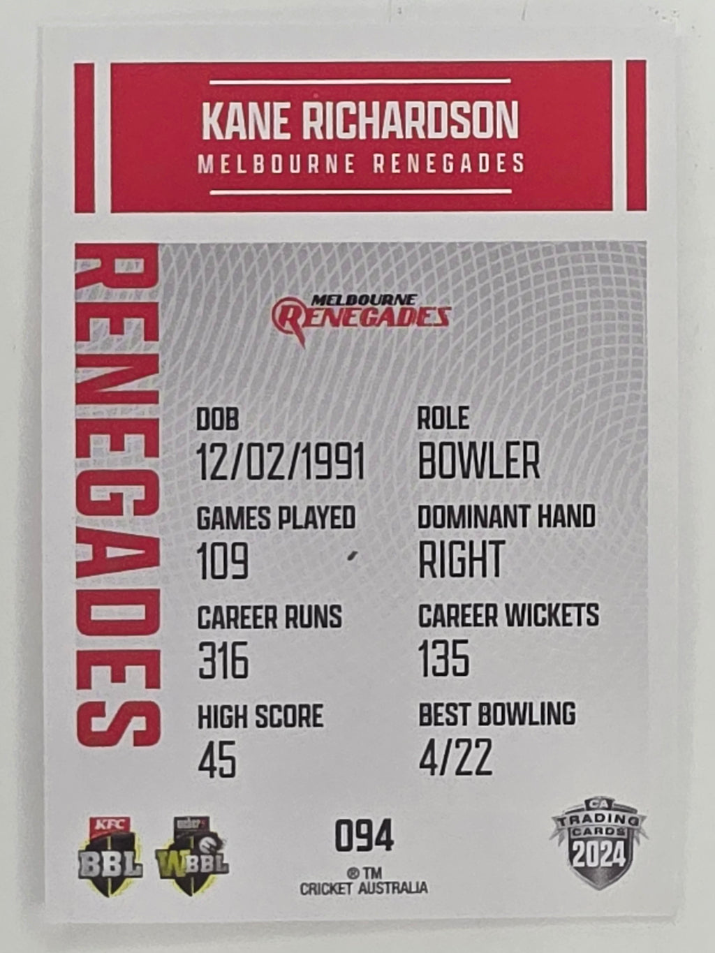 2024–25 Cricket Traders Base Card #094 Kane Richardson Melbourne Renegades