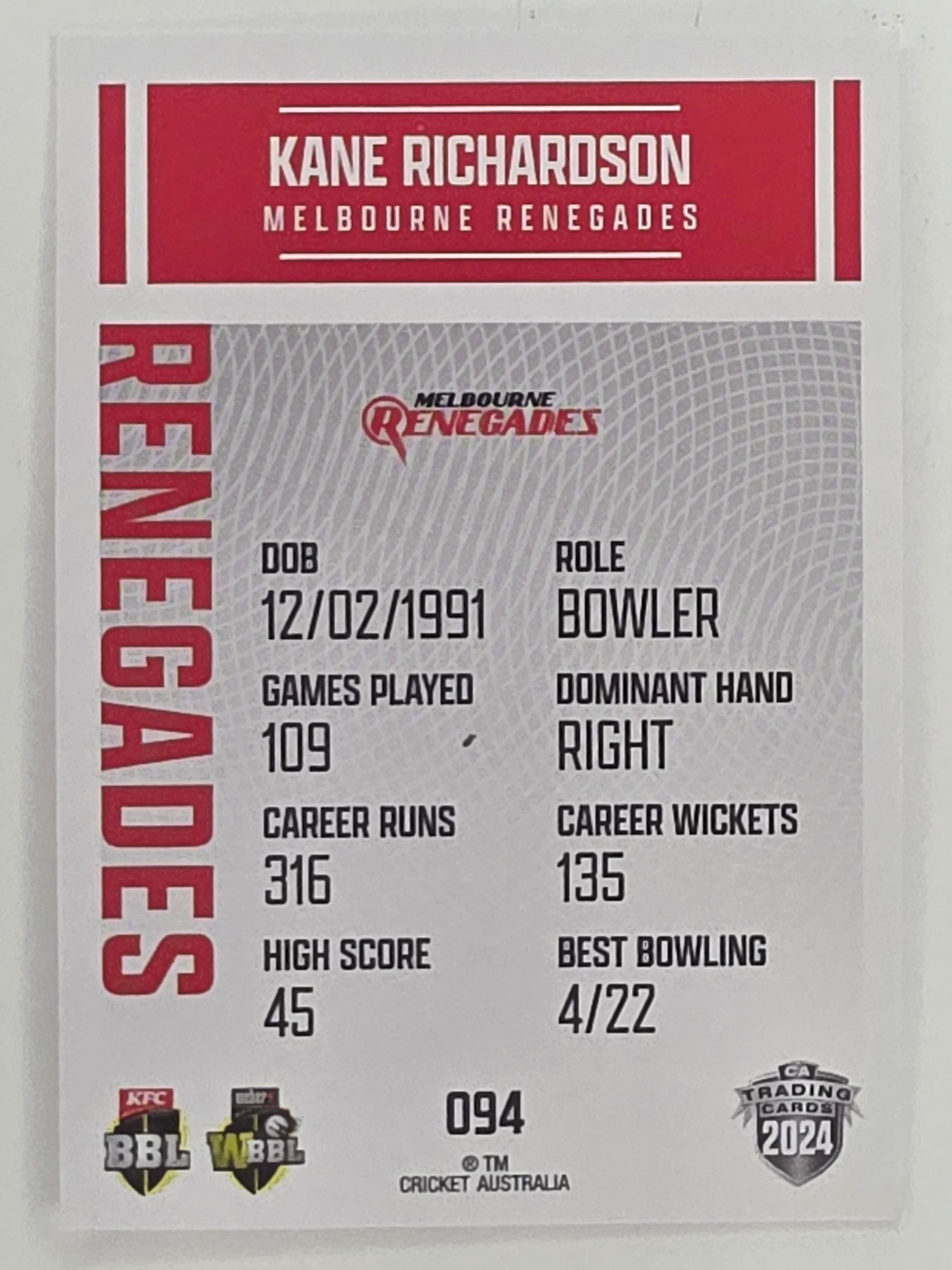 2024–25 Cricket Traders Base Card #094 Kane Richardson Melbourne Renegades