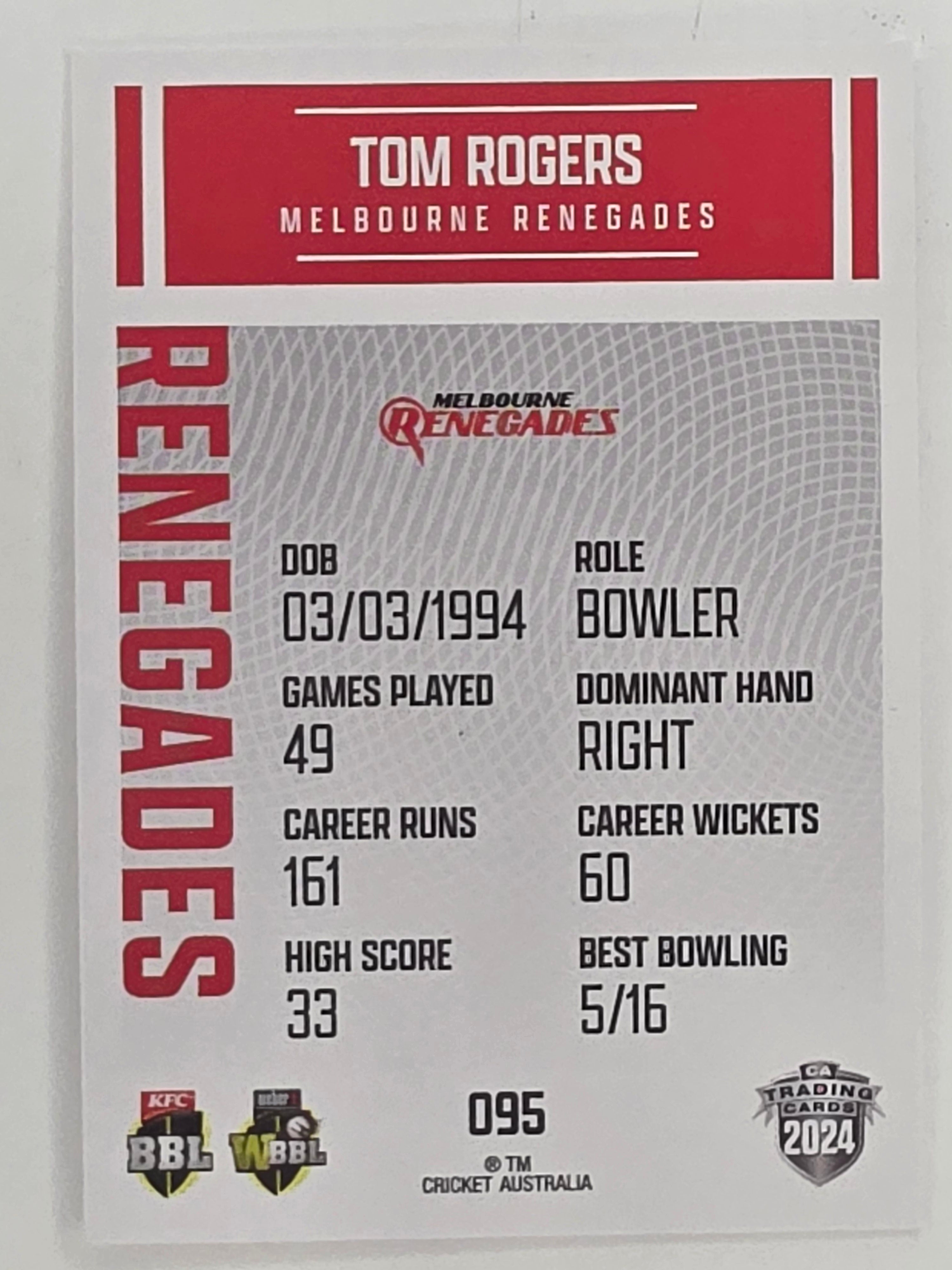 2024–25 Cricket Traders Base Card #095 Tom Rogers Melbourne Renegades