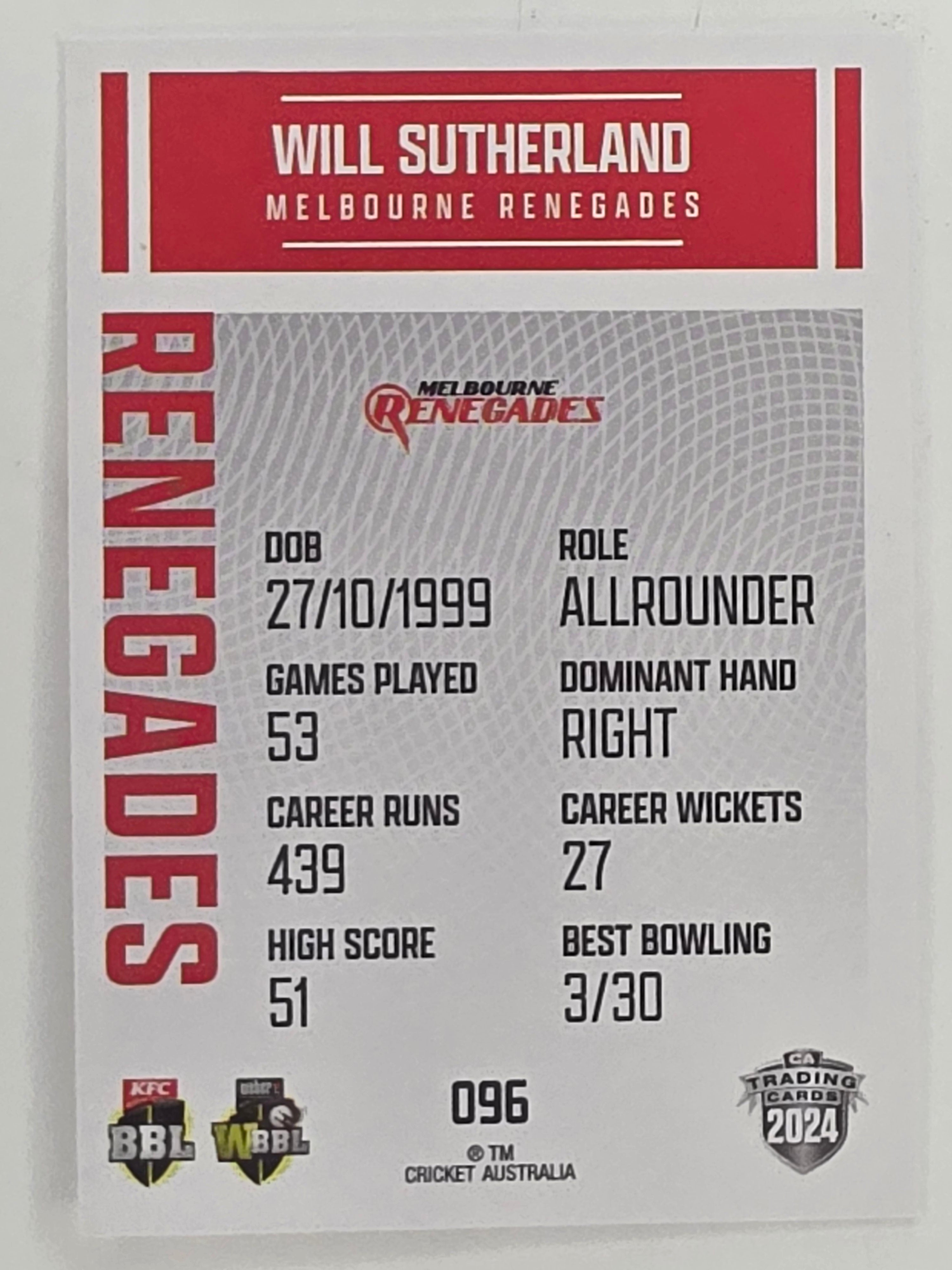 2024–25 Cricket Traders Base Card #096 Will Sutherland Melbourne Renegades