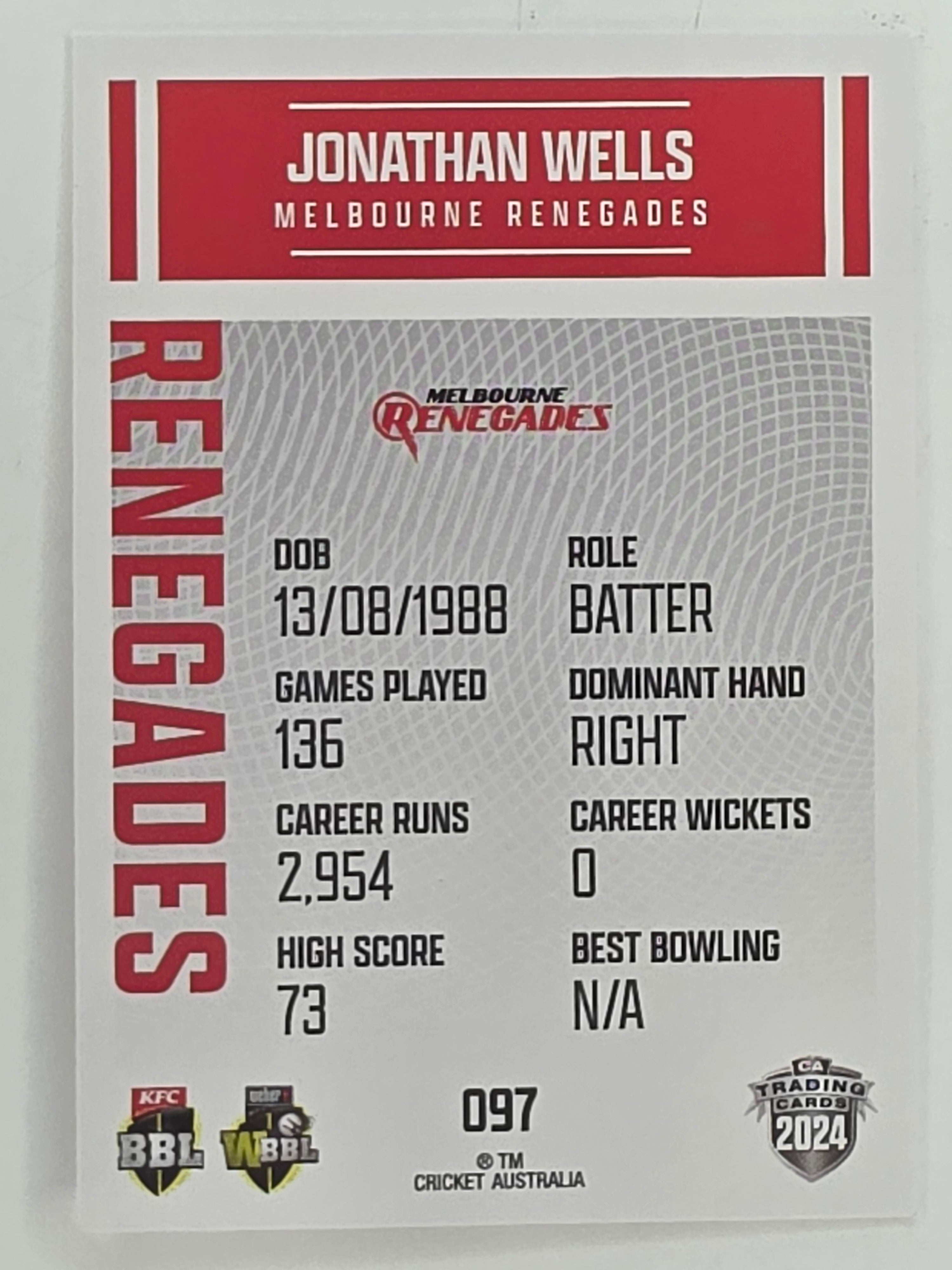 2024–25 Cricket Traders Base Card #097 Jonathan Wells Melbourne Renegades