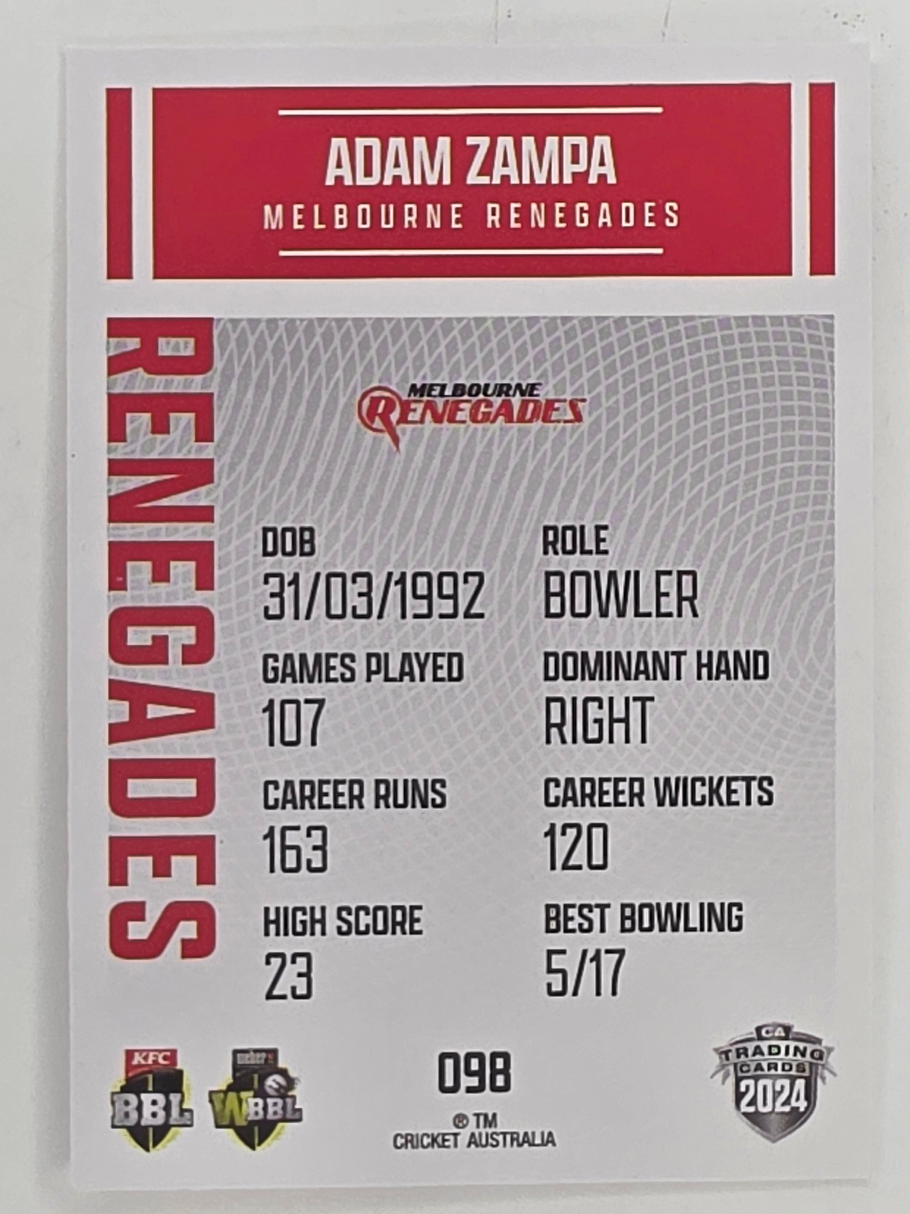 2024–25 Cricket Traders Base Card #098 Adam Zampa Melbourne Renegades