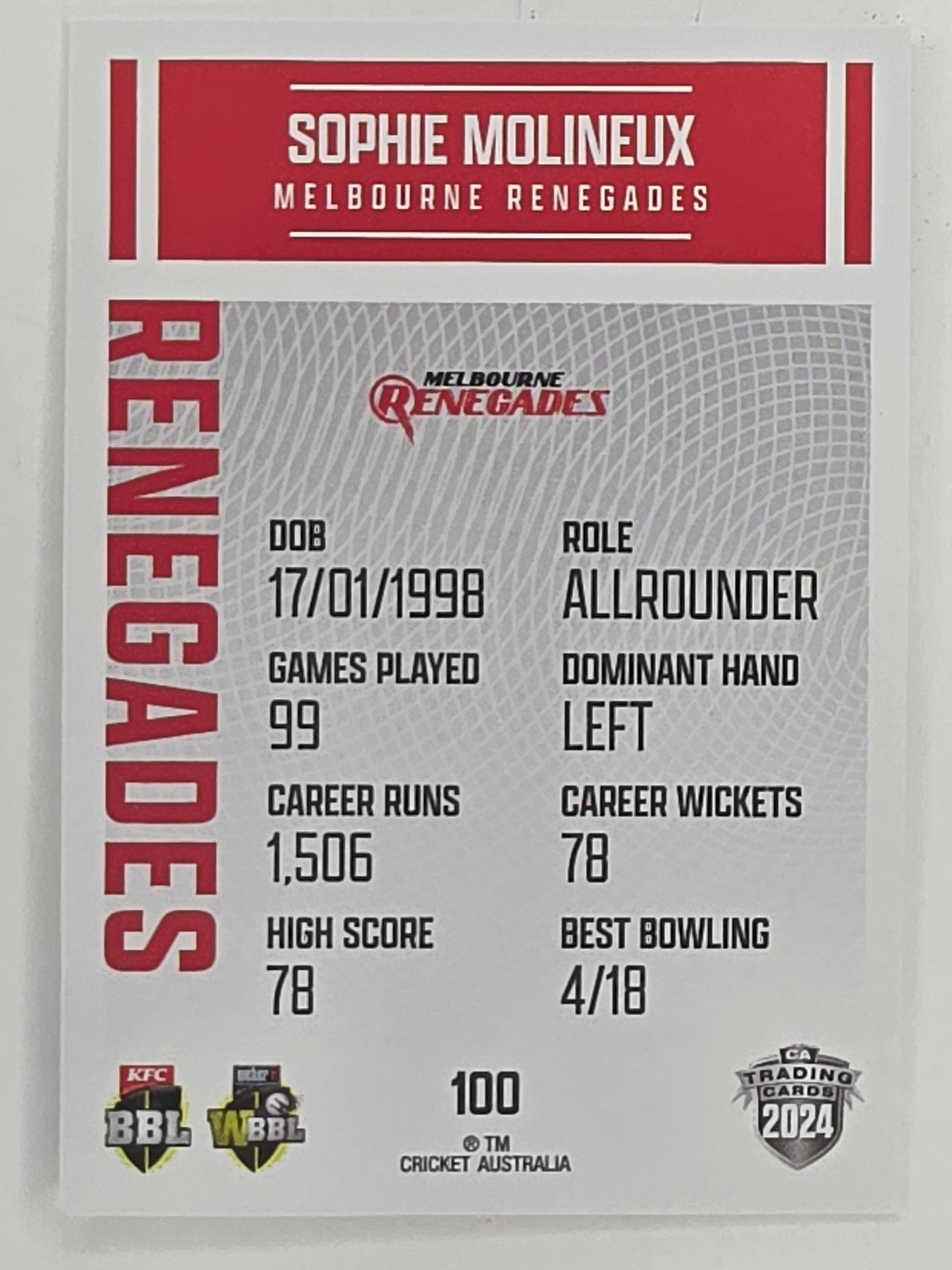 2024–25 Cricket Traders Base Card #100 Sophie Molineux Melbourne Renegades WBBL