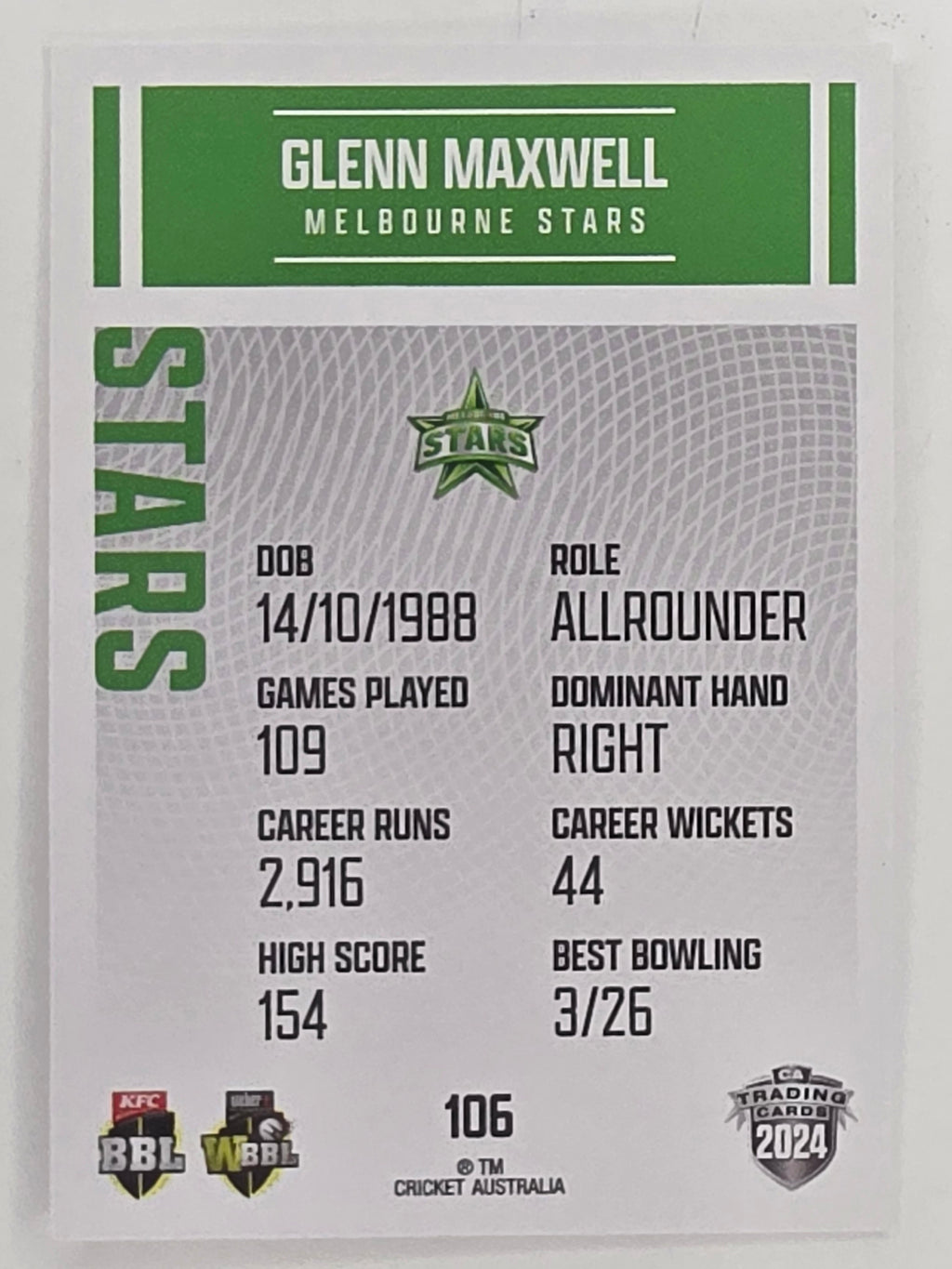 2024–25 Cricket Traders Base Card #106 Glenn Maxwell Melbourne Stars