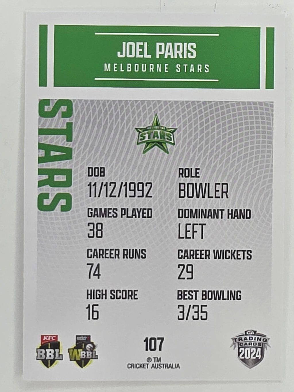 2024–25 Cricket Traders Base Card #107 Joel Paris Melbourne Stars
