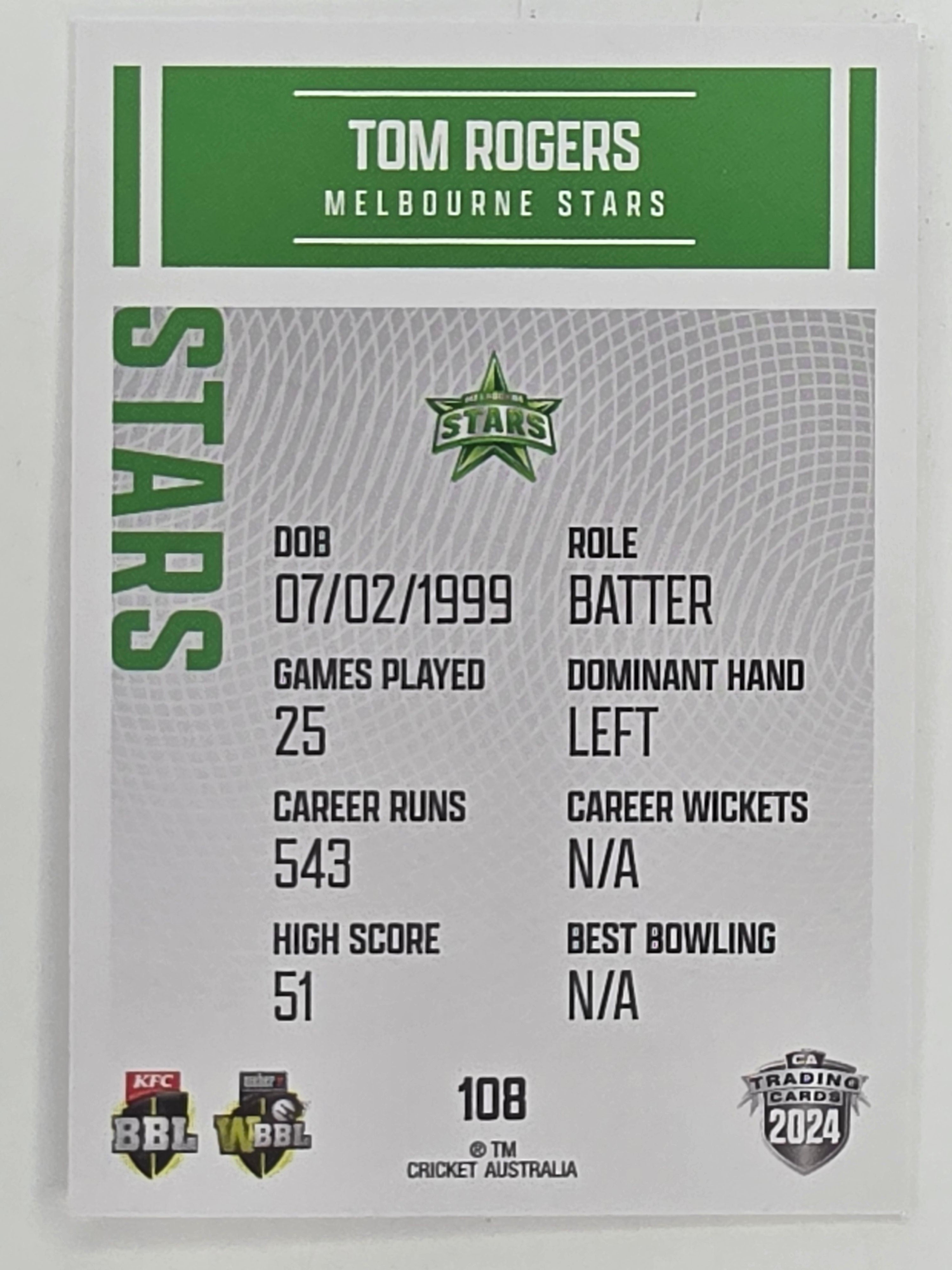 2024–25 Cricket Traders Base Card #108 Tom Rogers Melbourne Stars