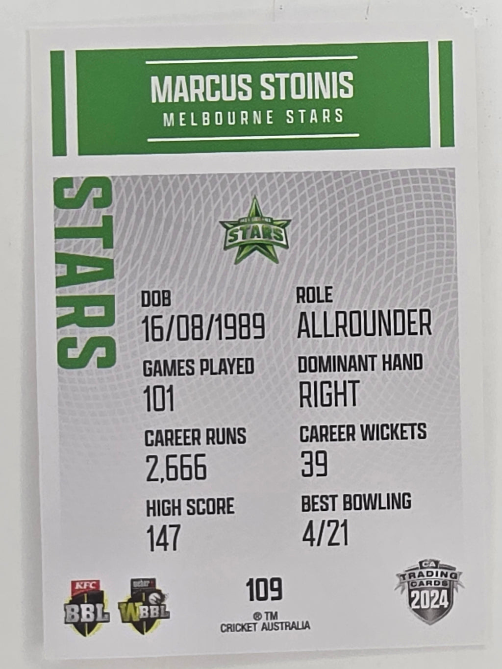 2024–25 Cricket Traders Base Card #109 Marcus Stoinis Melbourne Stars