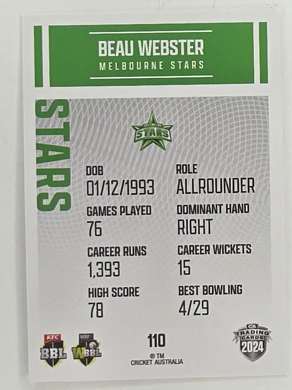 2024–25 Cricket Traders Base Card #110 Beau Webster Melbourne Stars