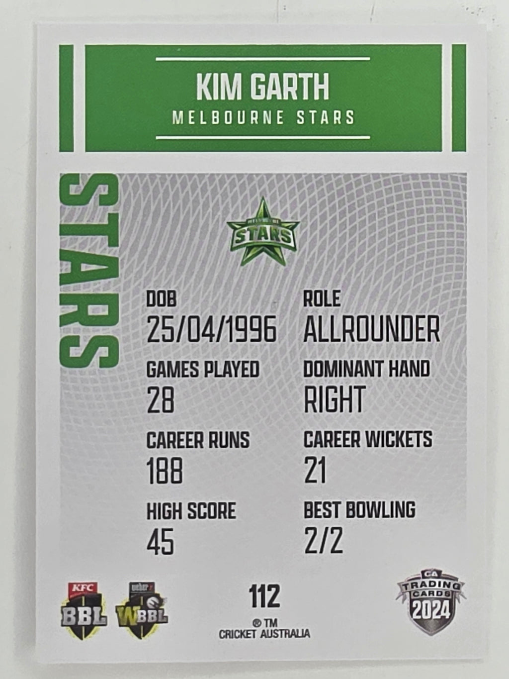 2024–25 Cricket Traders Base Card #112 Kim Garth Melbourne Stars WBBL