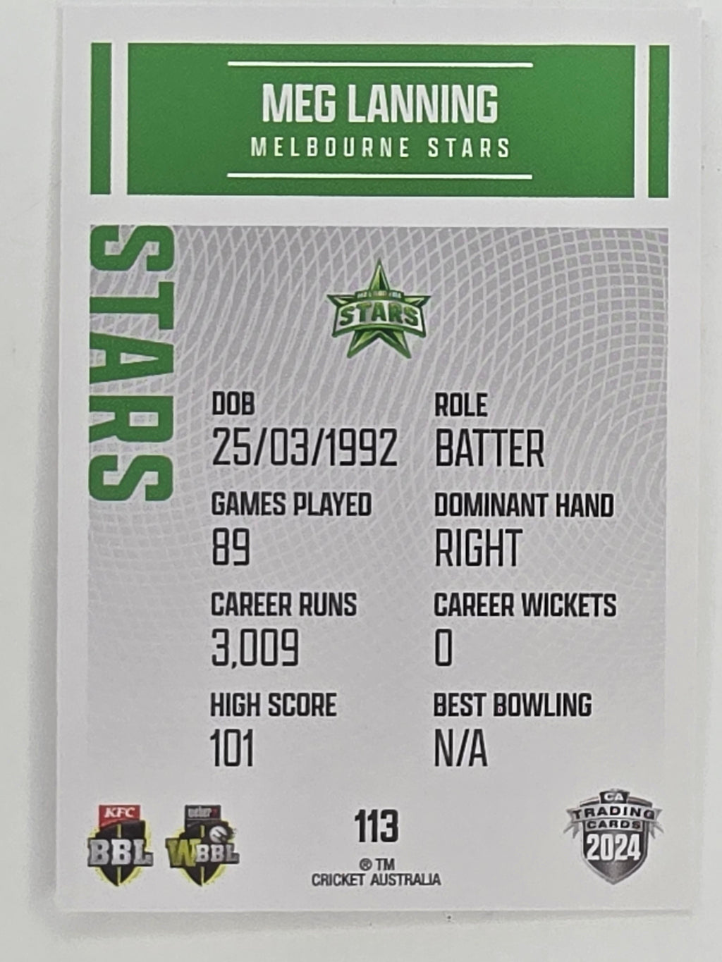 2024–25 Cricket Traders Base Card #113 Meg Lanning Melbourne Stars WBBL