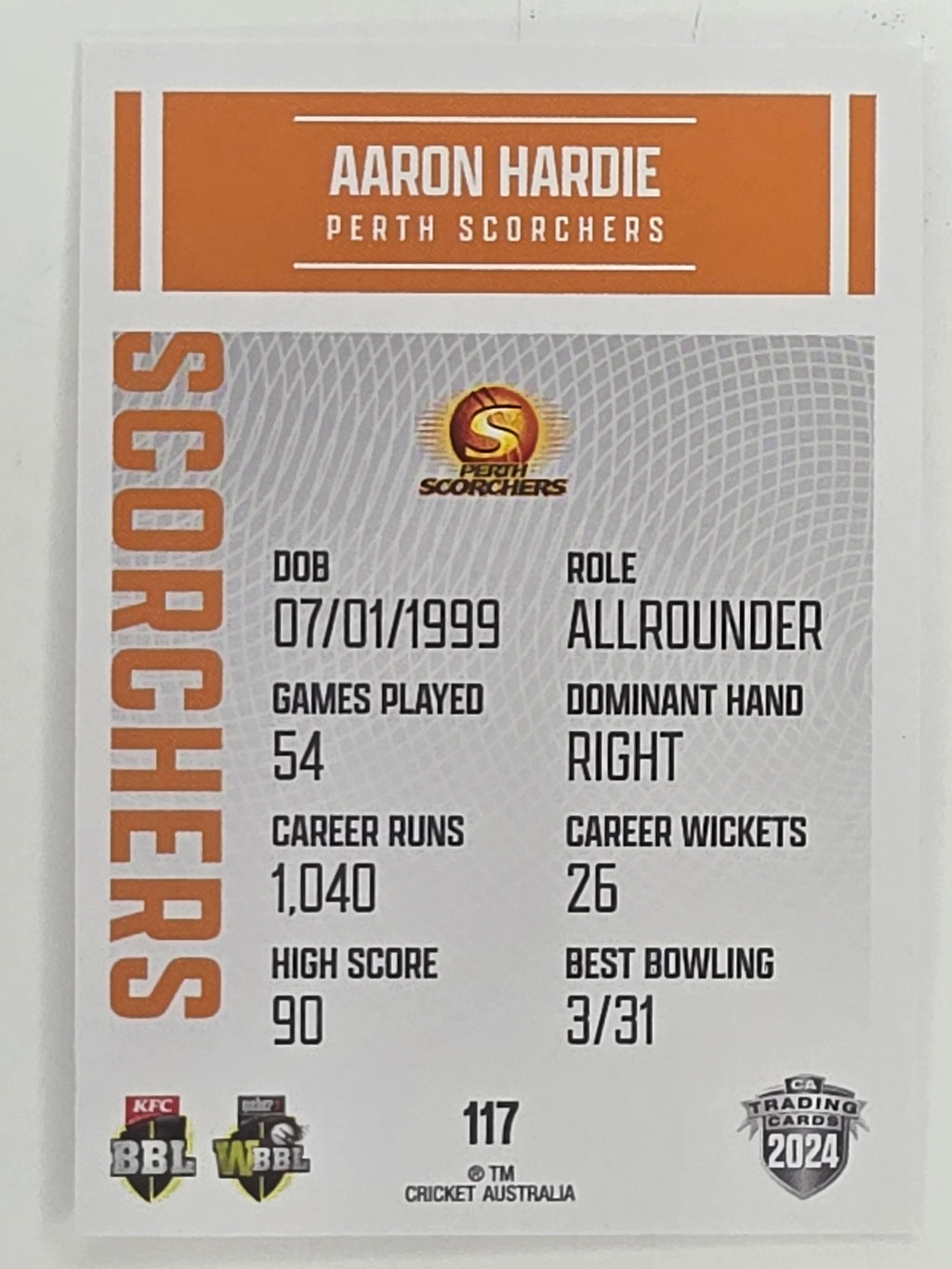 2024–25 Cricket Traders Base Card #117 Aaron Hardie Perth Scorchers