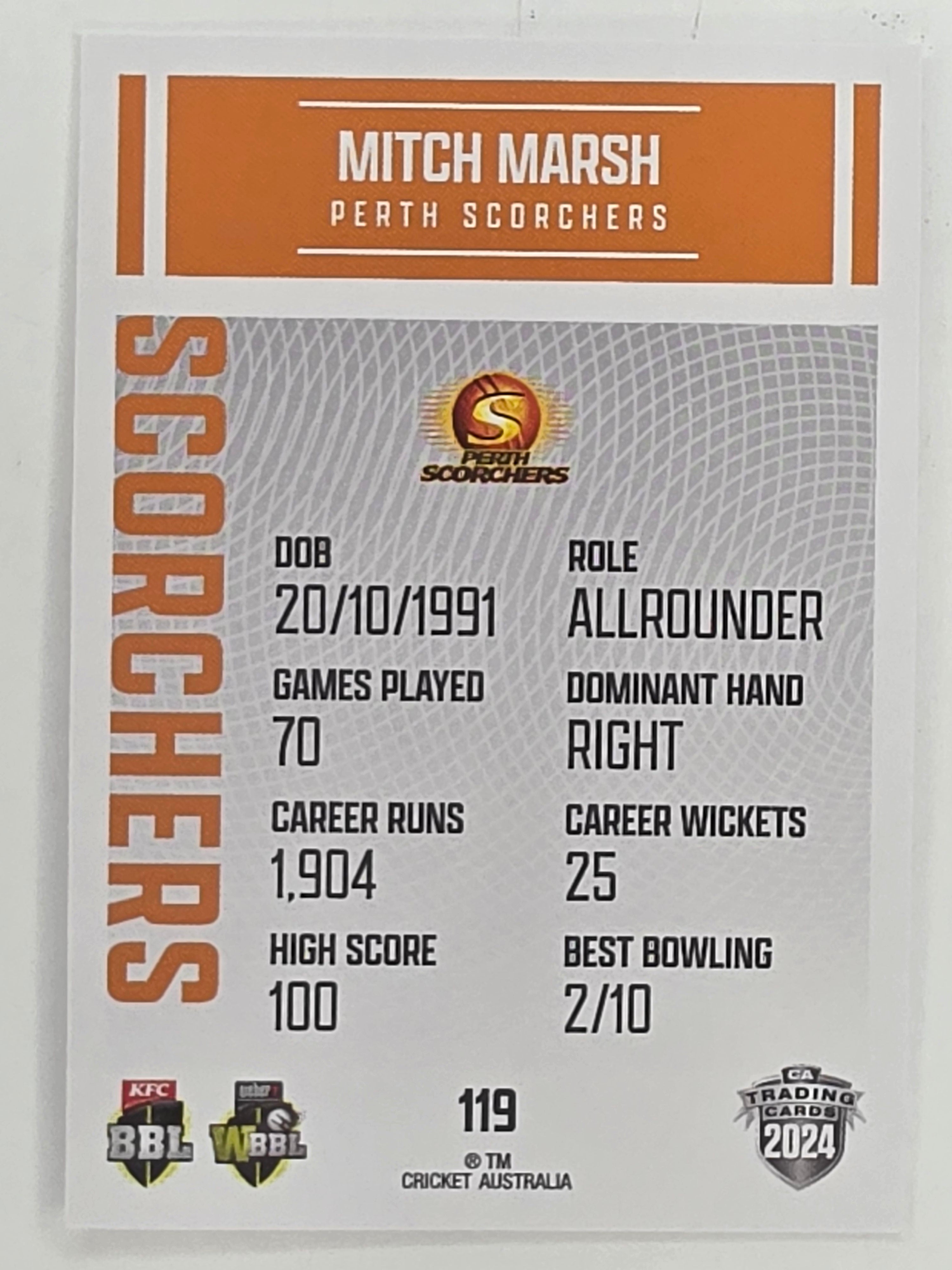 2024–25 Cricket Traders Base Card #119 Mitchell Marsh Perth Scorchers