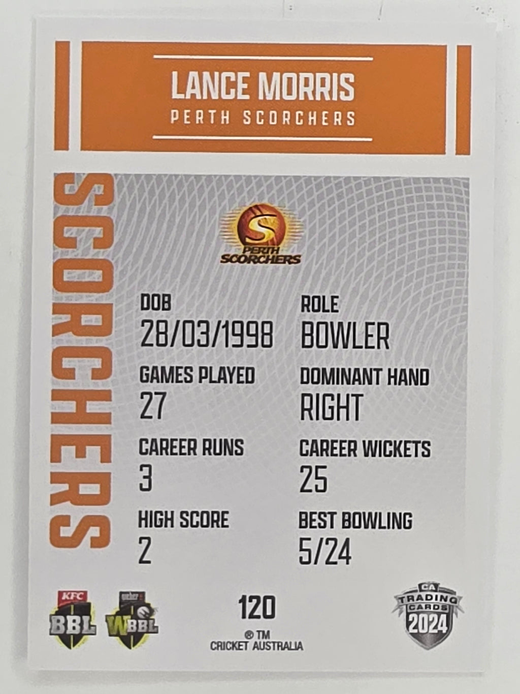 2024–25 Cricket Traders Base Card #120 Lance Morris Perth Scorchers