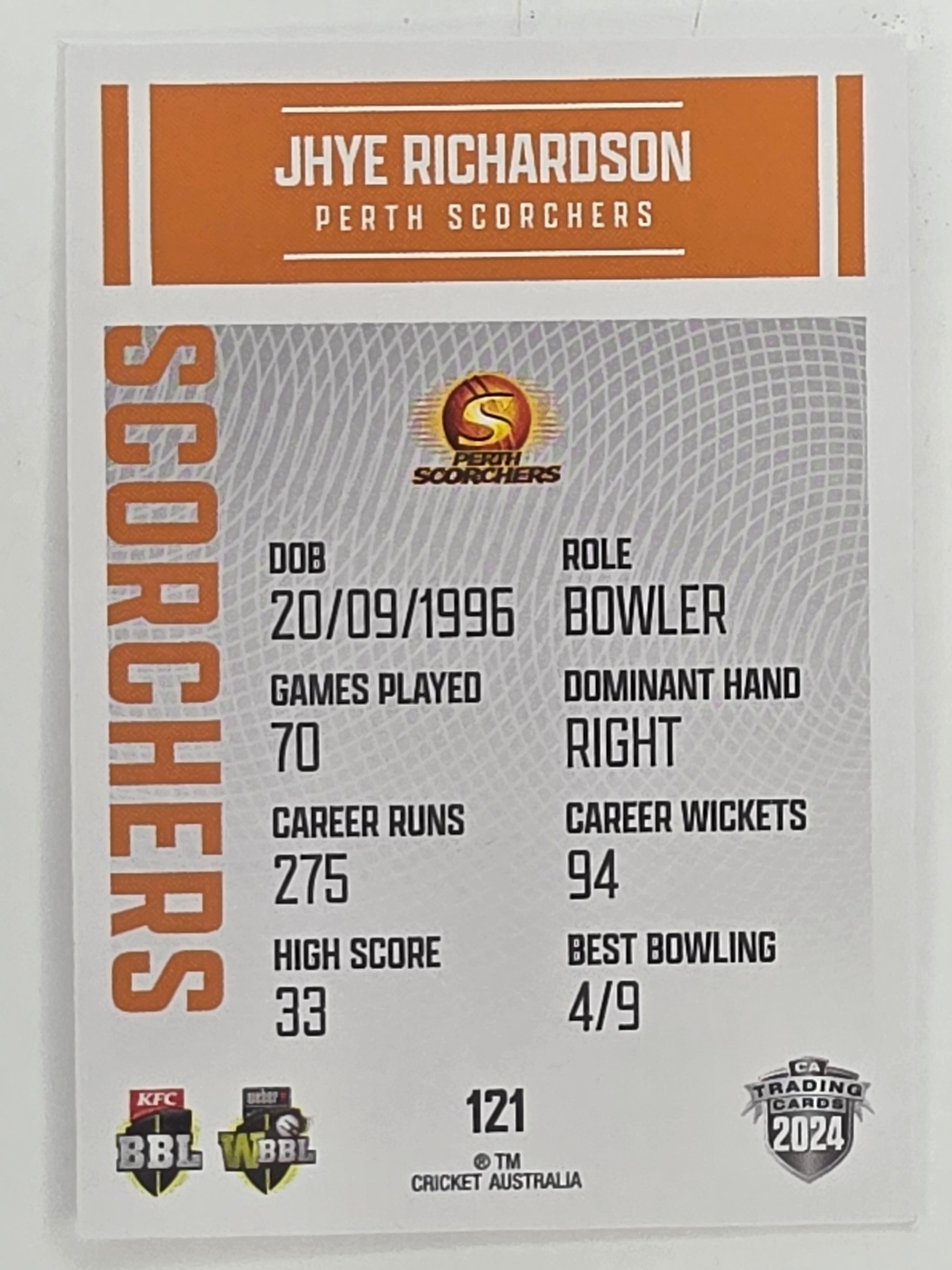 2024–25 Cricket Traders Base Card #121 Jhye Richardson Perth Scorchers