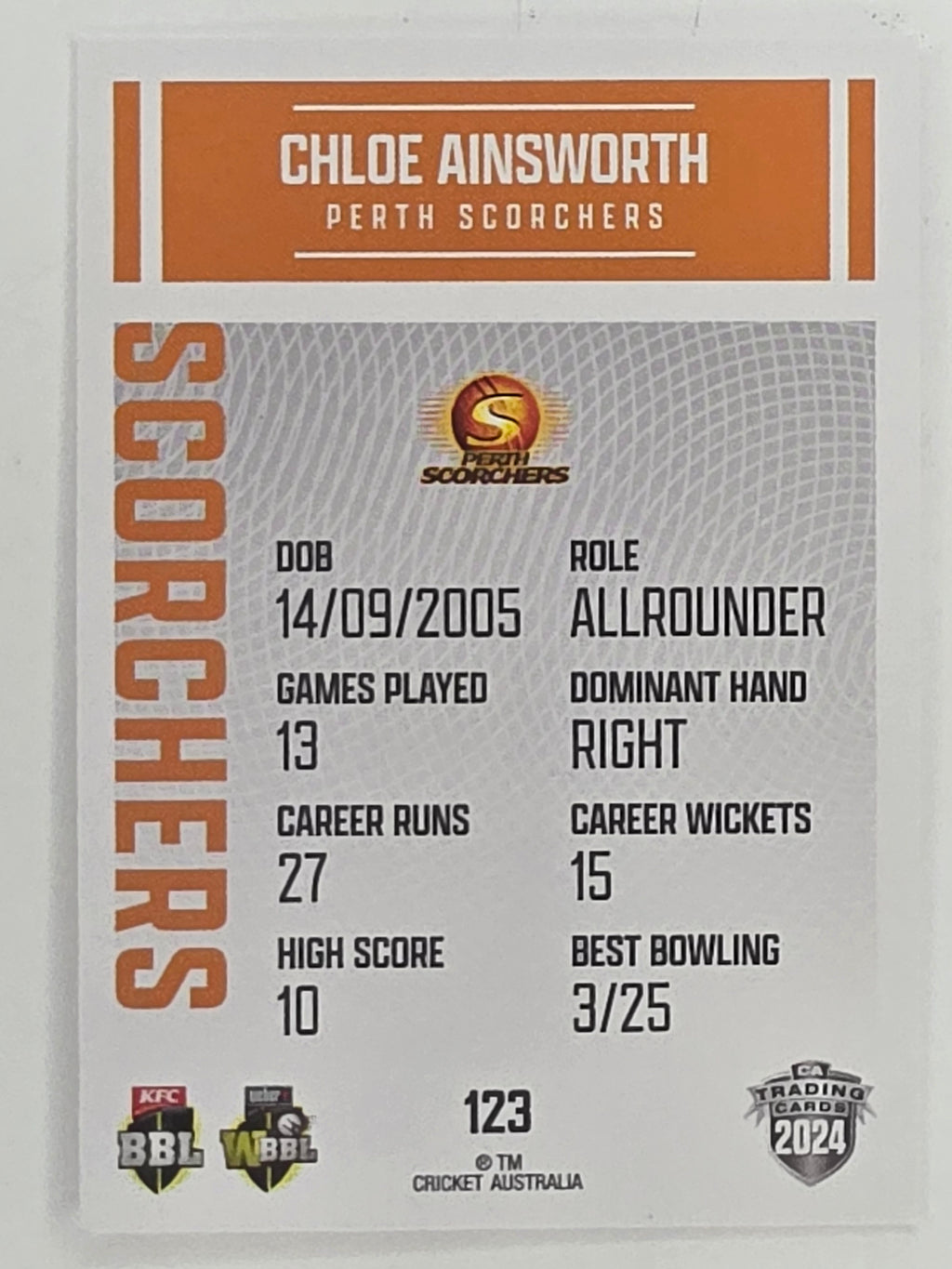 2024–25 Cricket Traders Base Card #123 Chloe Ainsworth Perth Scorchers WBBL