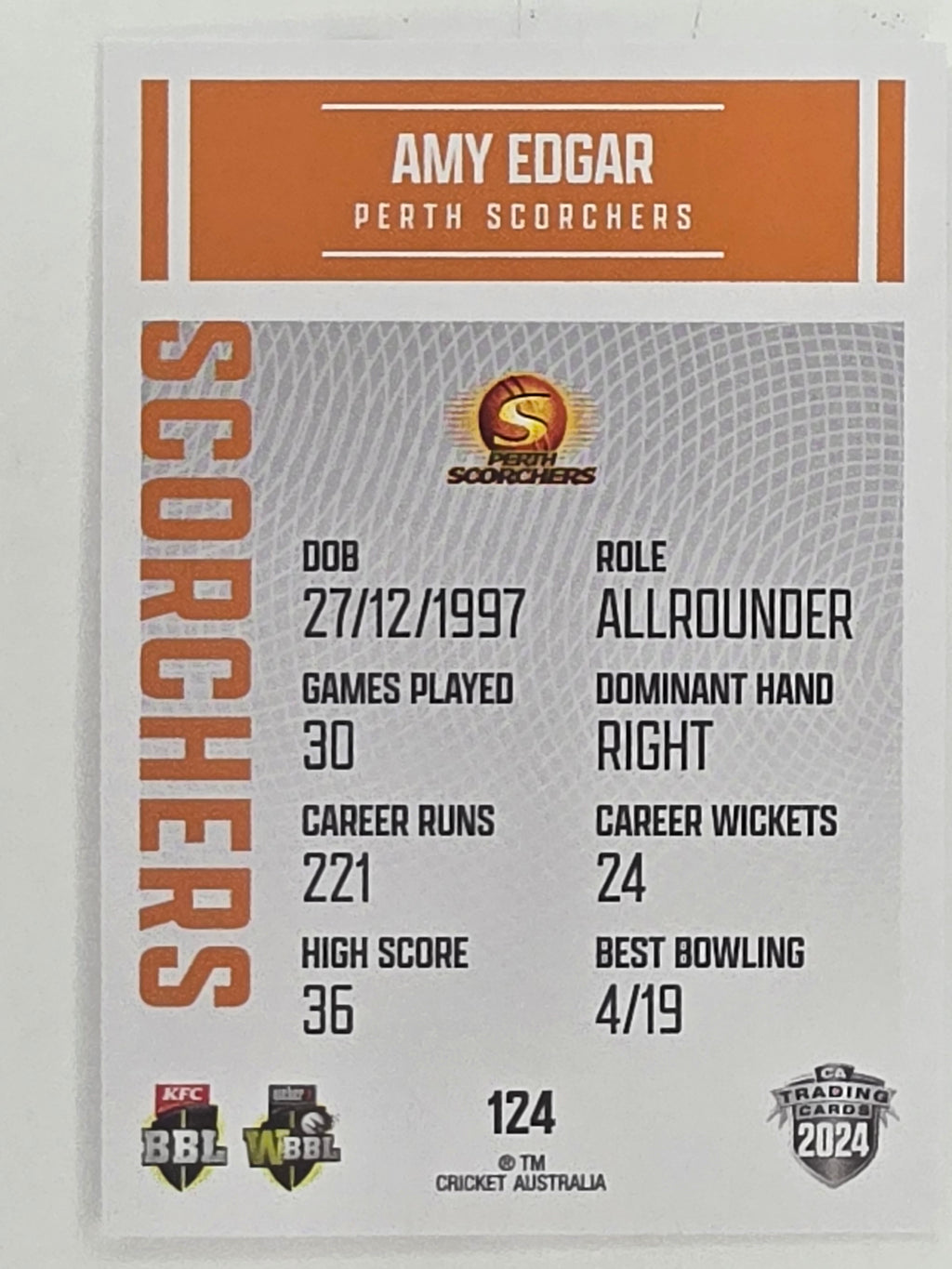 2024–25 Cricket Traders Base Card #124 Amy Edgar Perth Scorchers WBBL