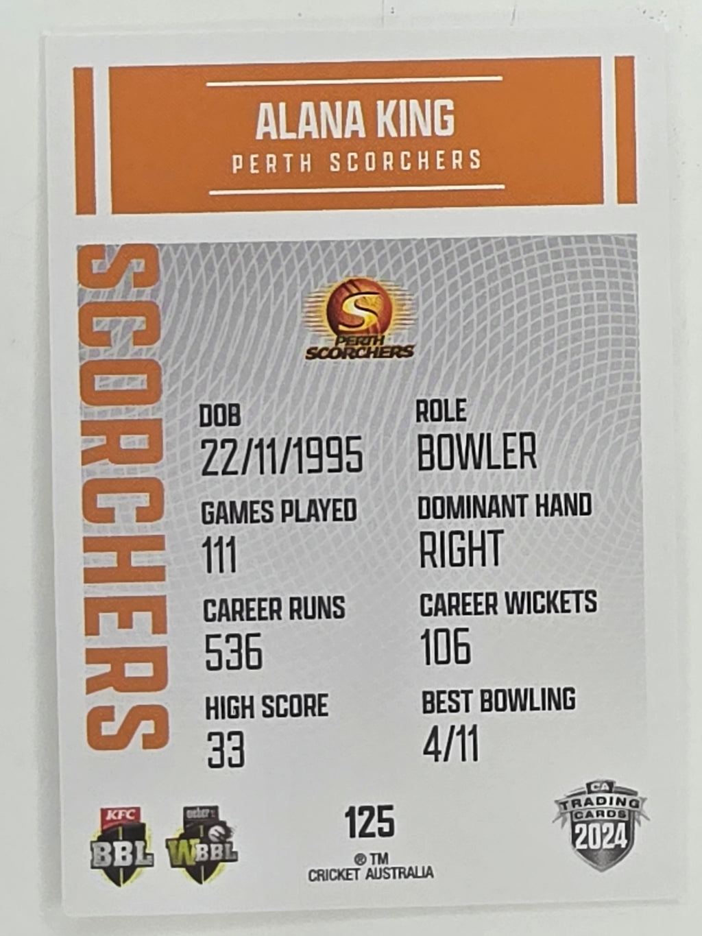 2024–25 Cricket Traders Base Card #125 Alana King Perth Scorchers WBBL