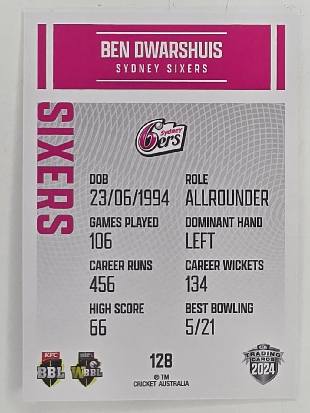 2024–25 Cricket Traders Base Card #128 Ben Dwarshuis Sydney Sixers