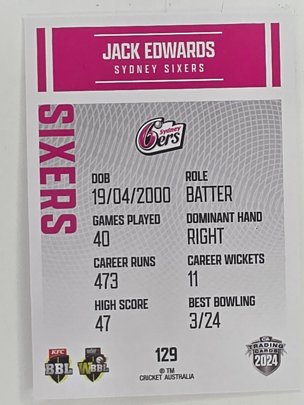 2024–25 Cricket Traders Base Card #129 Jack Edwards Sydney Sixers