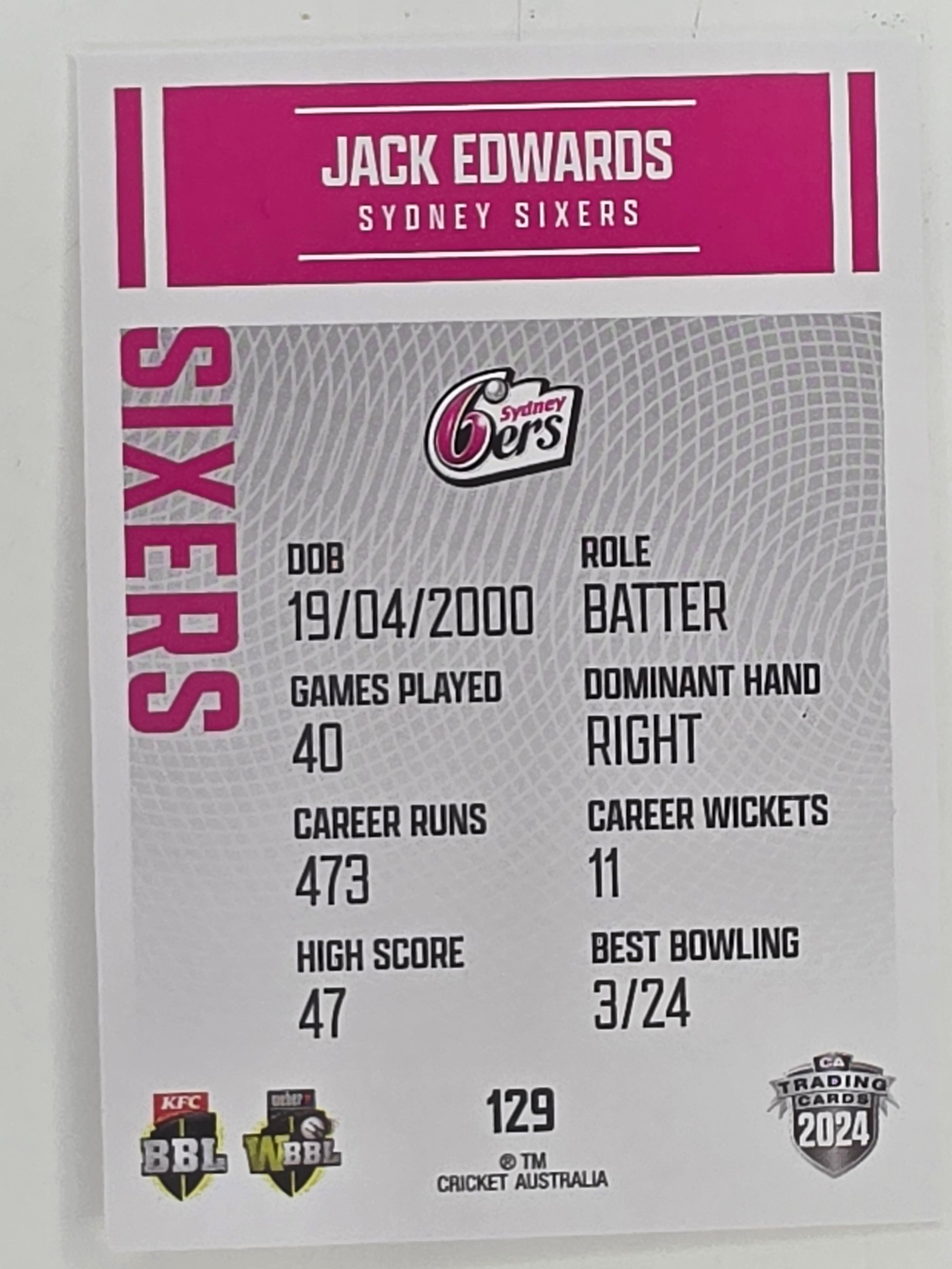 2024–25 Cricket Traders Base Card #129 Jack Edwards Sydney Sixers