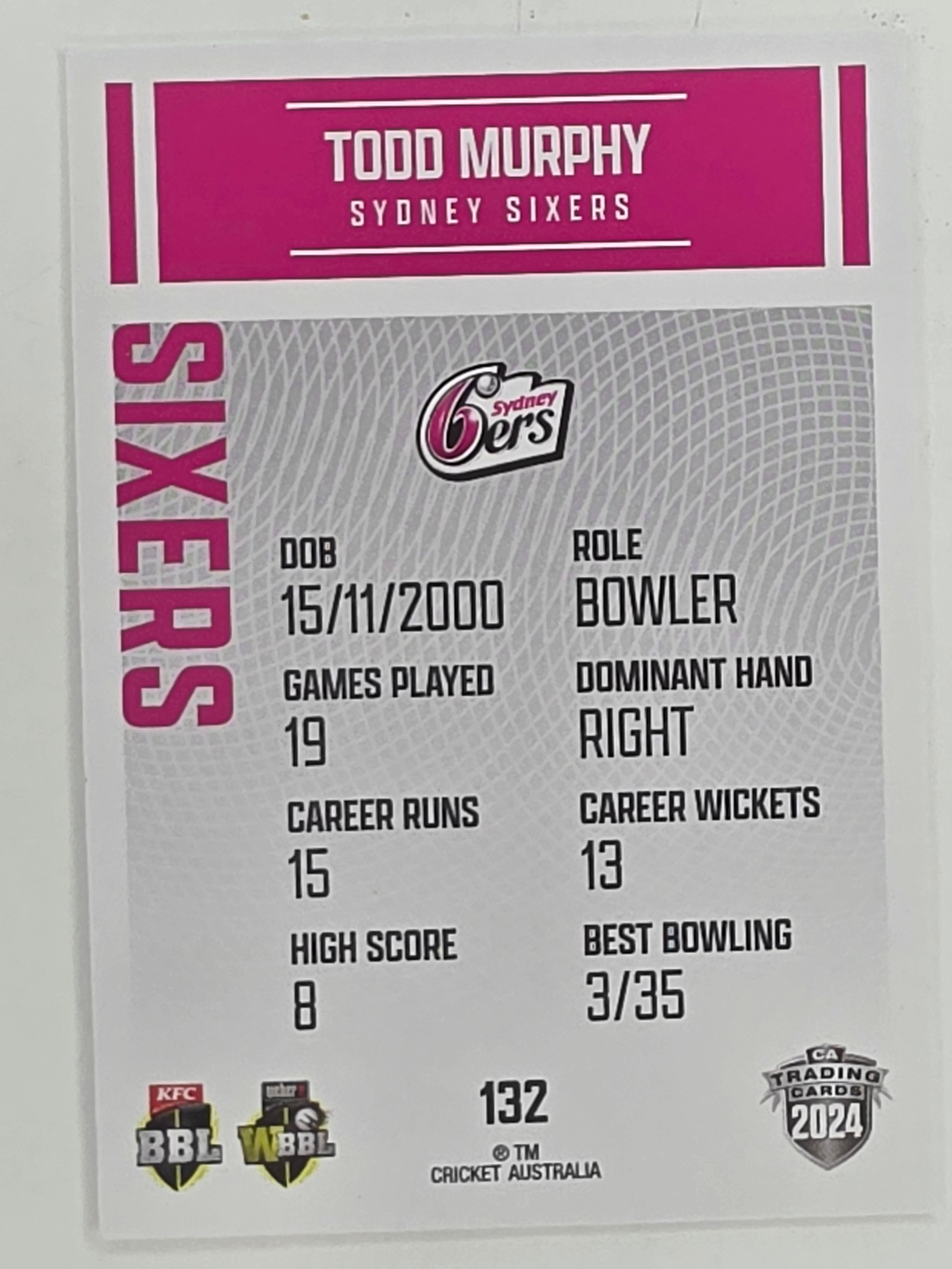 2024–25 Cricket Traders Base Card #132 Todd Murphy Sydney Sixers